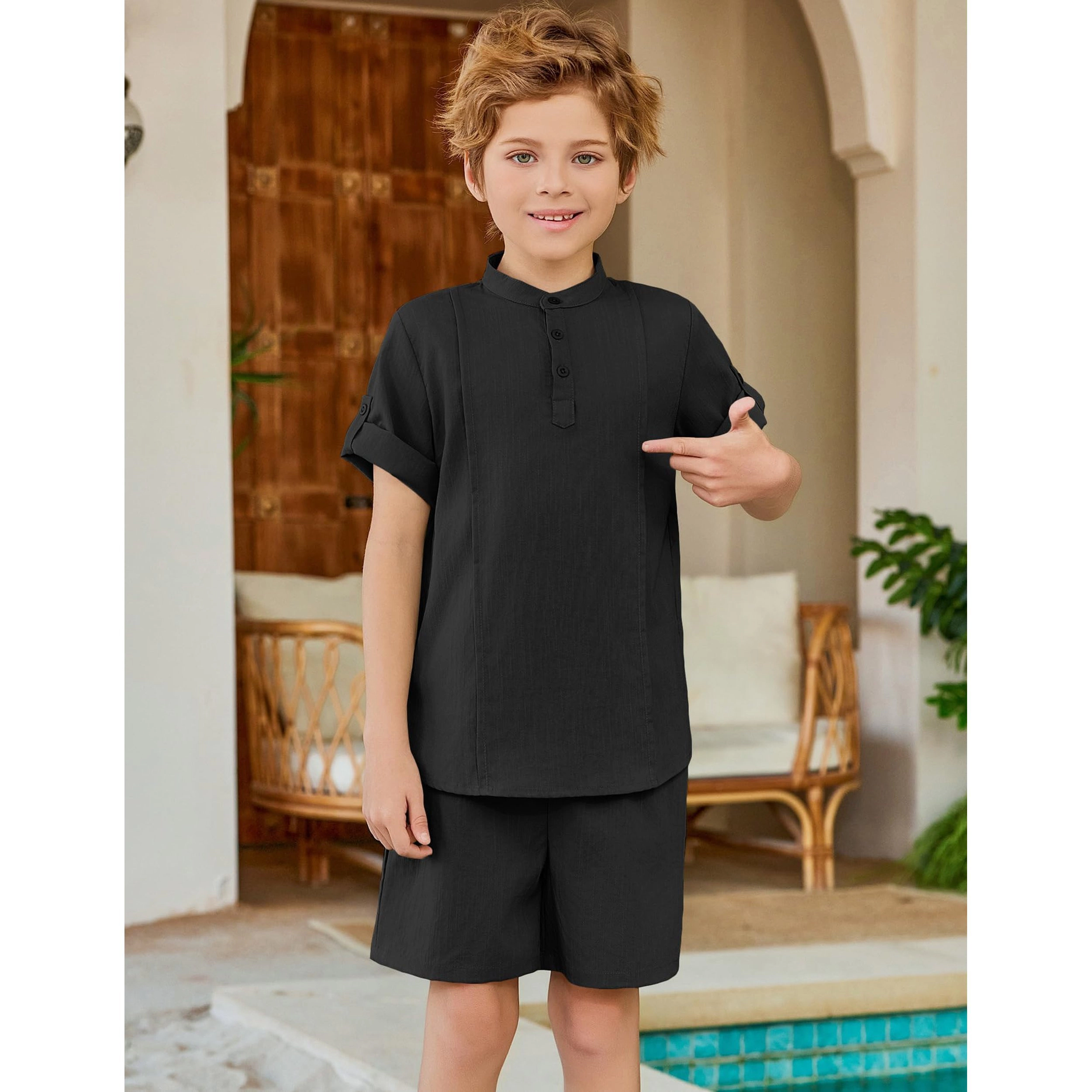 Arshiner Boys Linen Sets Short Sleeve Henley Shirt And Shorts Summer Beach Matching Outfits
