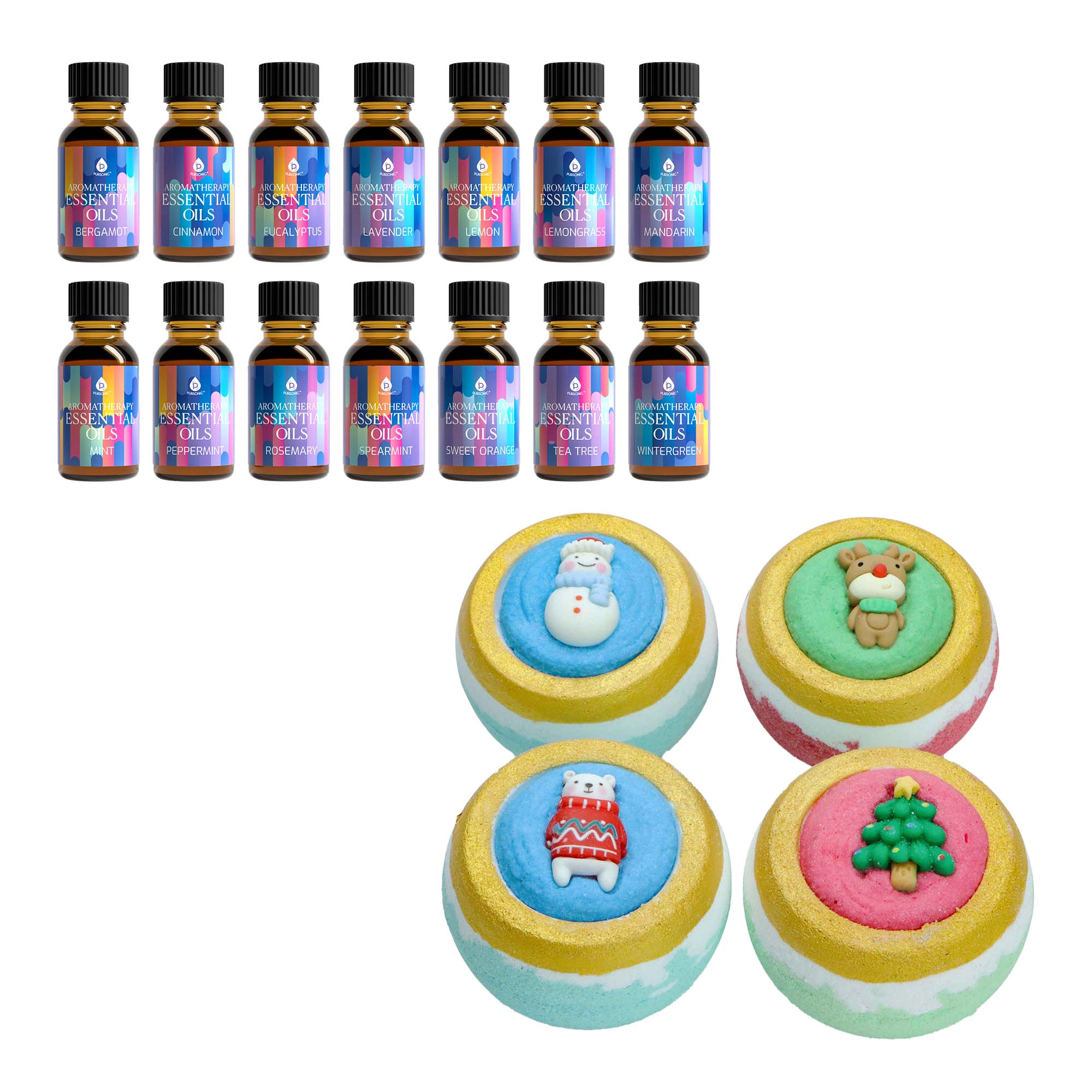 Pursonic Unisex Holiday Aromatherapy Self-Care Gift Bundle with Bath Bombs & Essential Oil Gift Set
