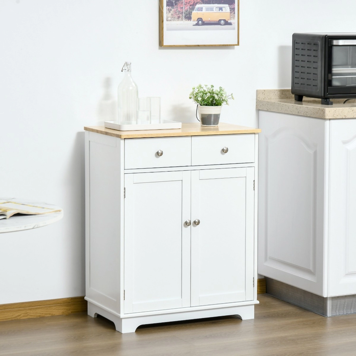 HONGGE Kitchen Storage Cabinet with Solid Wood Top, Adjustable Shelf and 2 Drawers, White Sideboard Cupboard