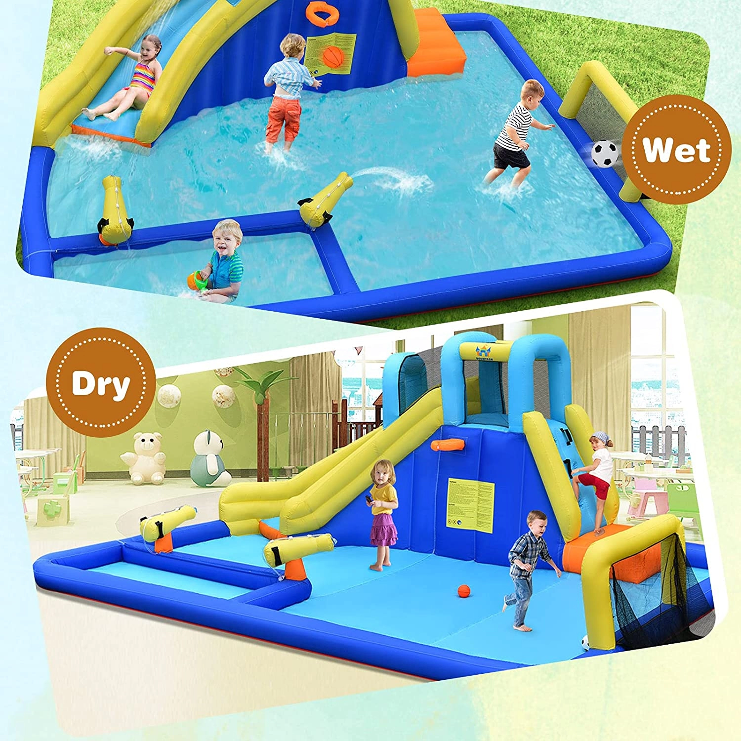 LJG 6-in-1 Inflatable Water Slides with Blower for Kids