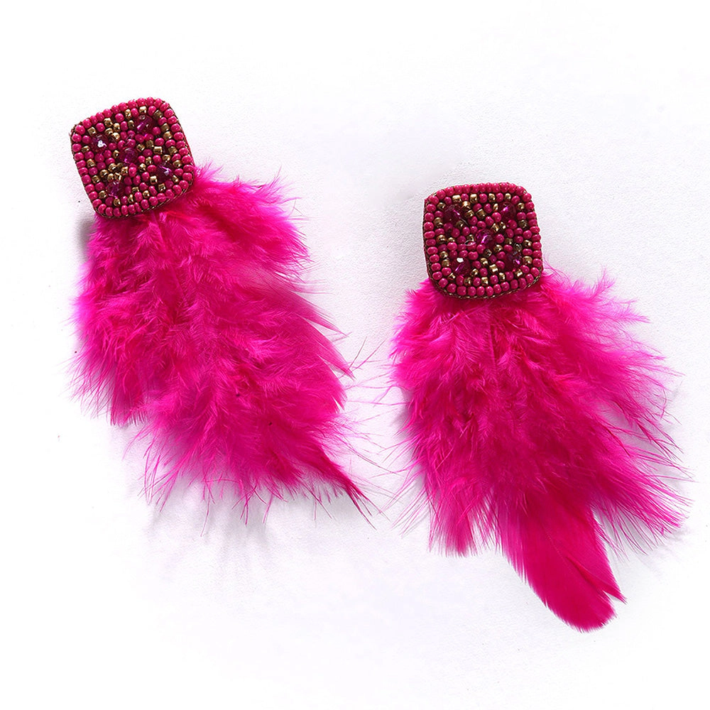 SOHI Women's Pink Beaded Feather Drop Earrings