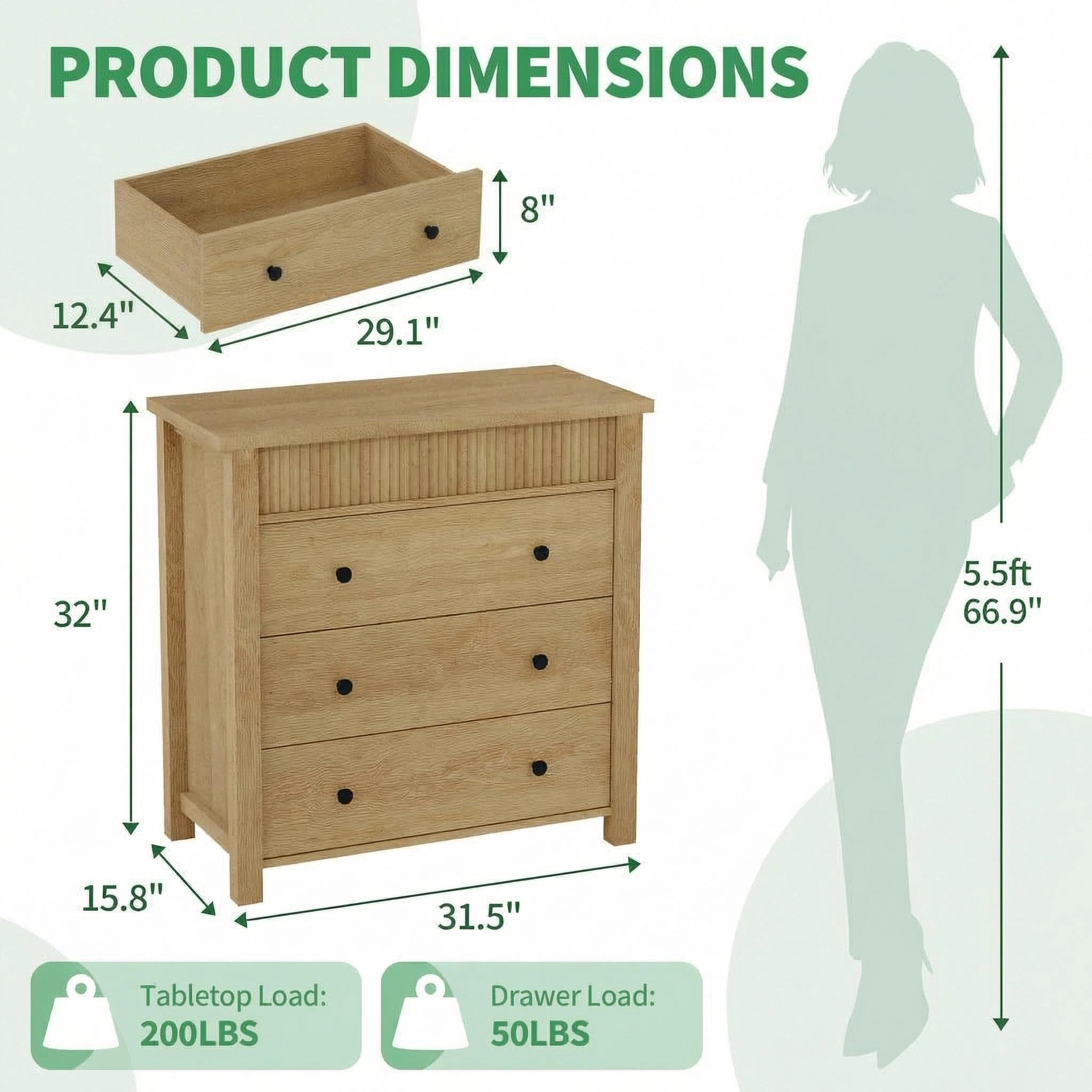 Modern Fluted 3 Drawer Nightstand, Wooden Storage Chest for Bedroom or Living Room