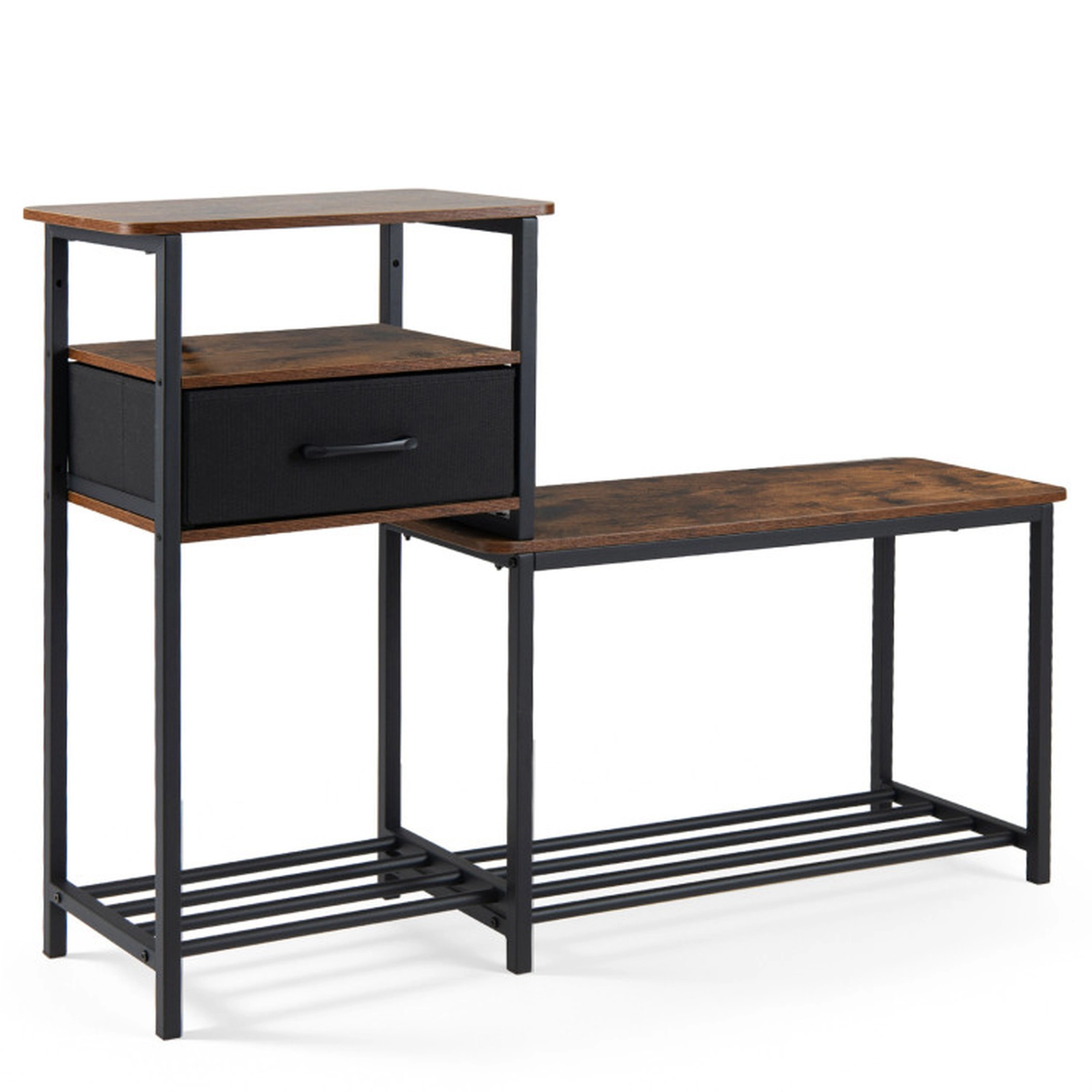SUGIFT Rustic Brown Fabric Drawer and Industrial Metal Frame 3-Tier 46.5 Inch Shoe Rack Bench