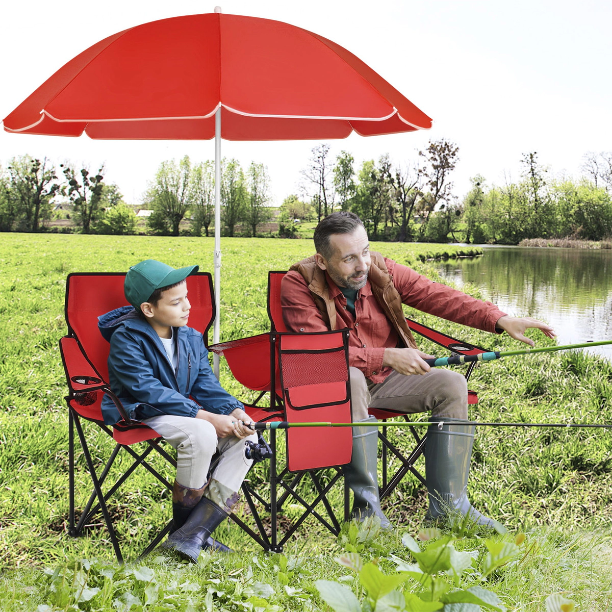 SUGIFT Red Double Folding Picnic Chair with Removable Umbrella and Cooler Bag 63-in W 22-in D 270-lb Per Seat