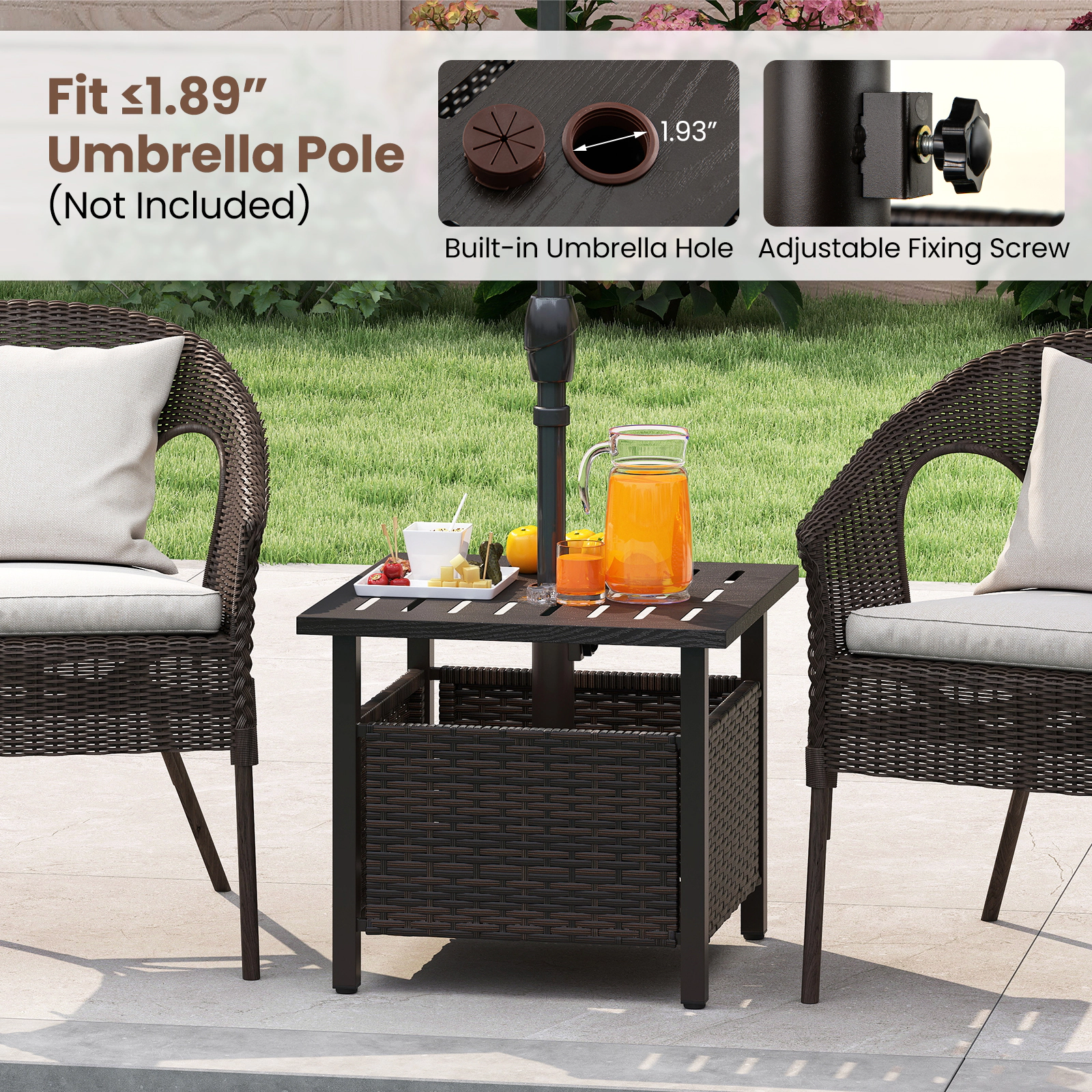 SUGIFT Brown 22-In Square PE Rattan Outdoor Side Table with Umbrella Hole