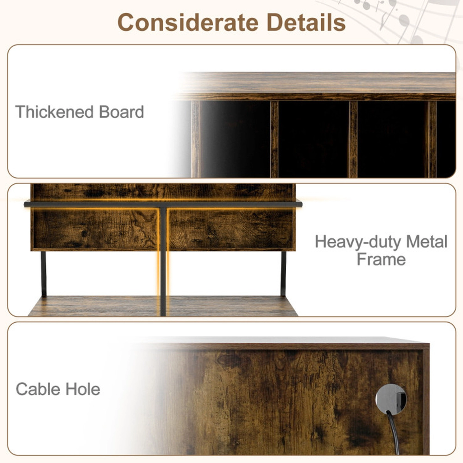 SUGIFT Turntable Stand with Charging Station and Vinyl Storage Shelves Accent Table 44-lb Top 88-lb Compartments Rustic