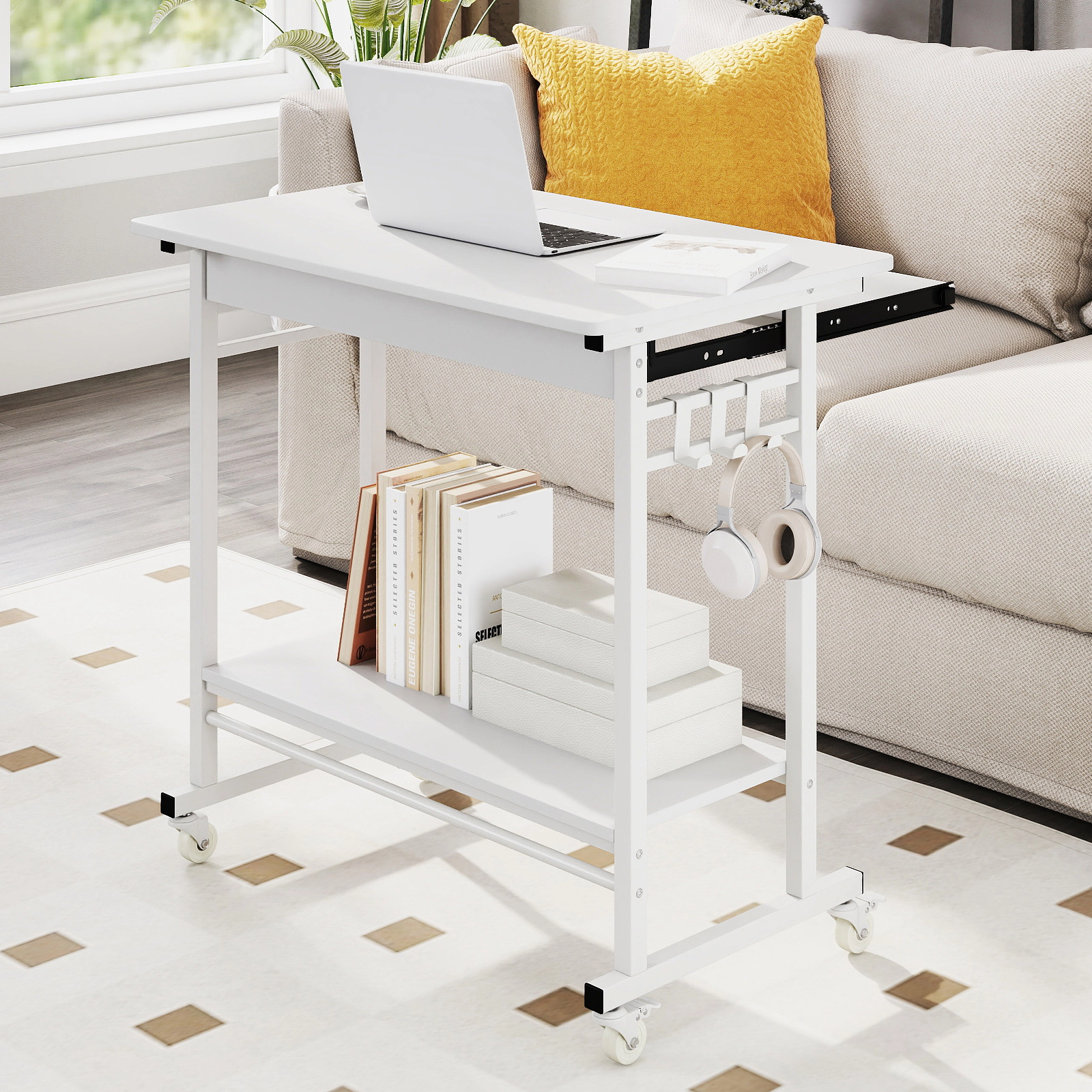 SUGIFT Rolling Laptop Table with Pull-out Keyboard Tray, Hooks and Bottom Shelf 160-lb Tabletop Capacity White