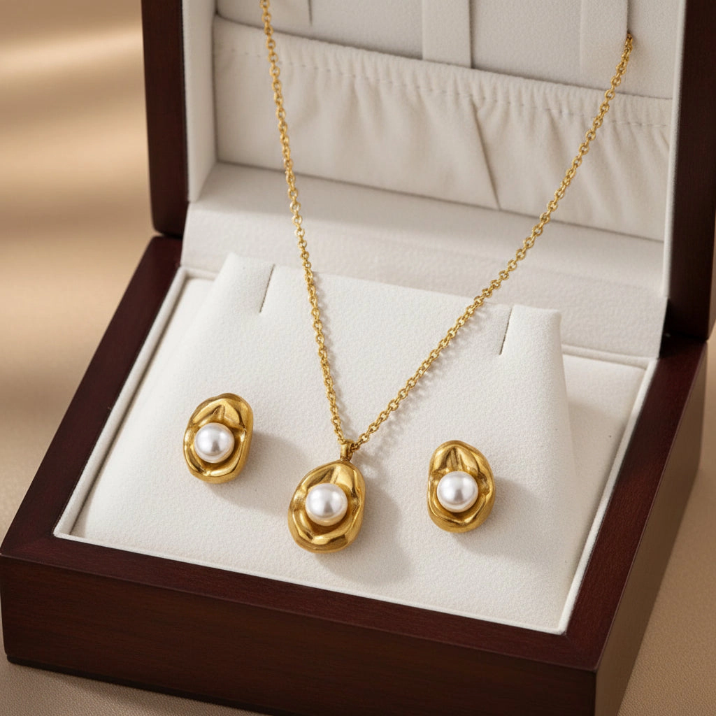 DressAtR Women's Key Pattern 18K Gold Plated Necklace and Earring Set