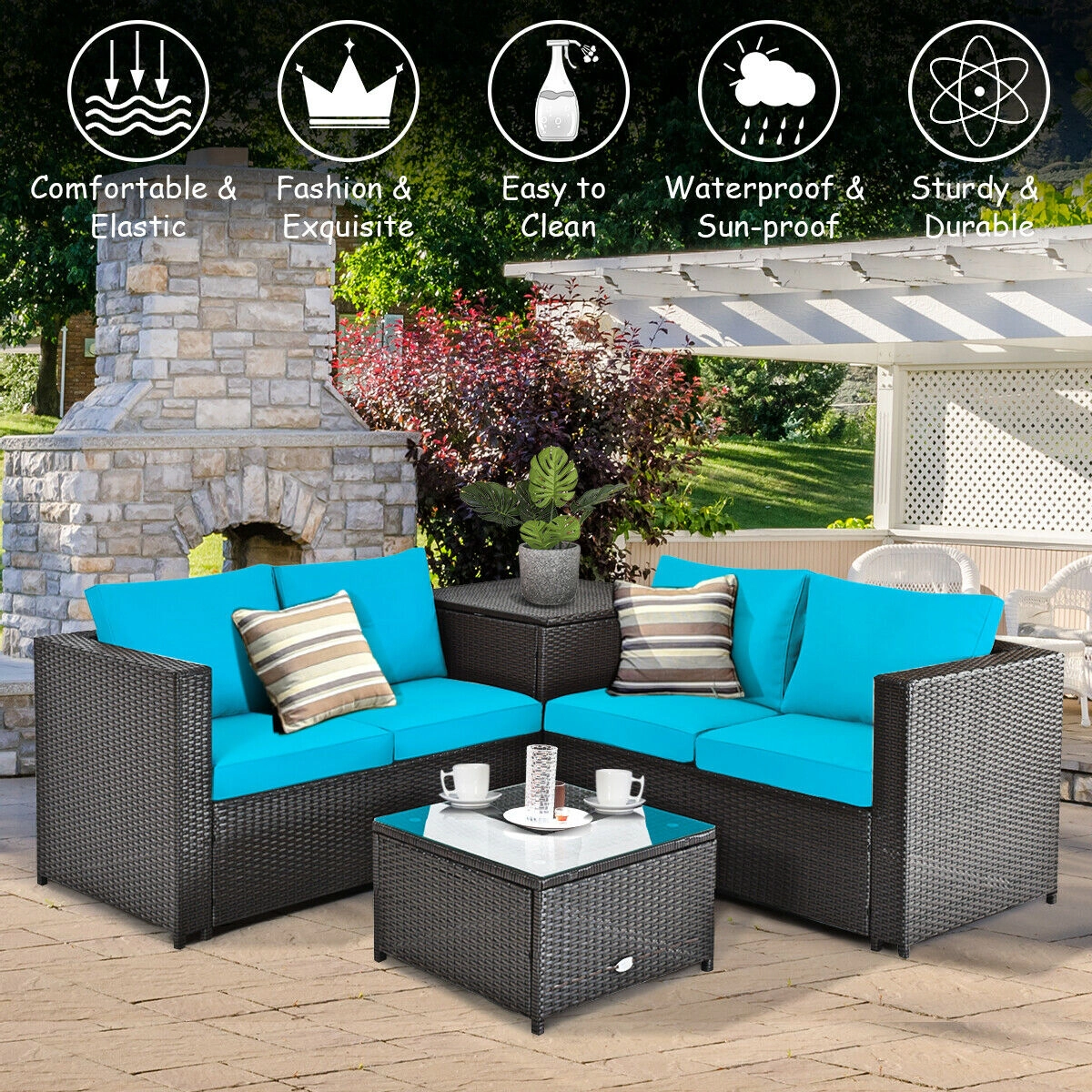 SUGIFT 4-Piece Turquoise Rattan Patio Set with Cushioned Loveseat, Glass Coffee Table and Storage Table