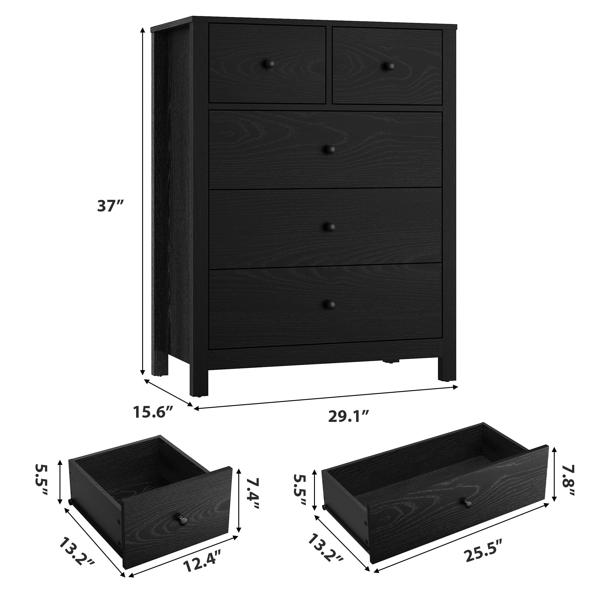 5 Drawer Modern Dresser with Metal Knobs, 37" Tall Wooden Storage Chest for Bedroom Hallway Entryway