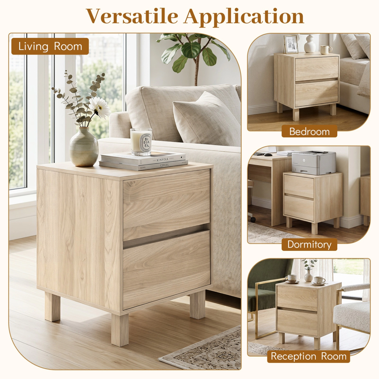 SUGIFT Set of 2 Modern Wooden End Tables with 2 Storage Drawers 22-lb Top Capacity Natural