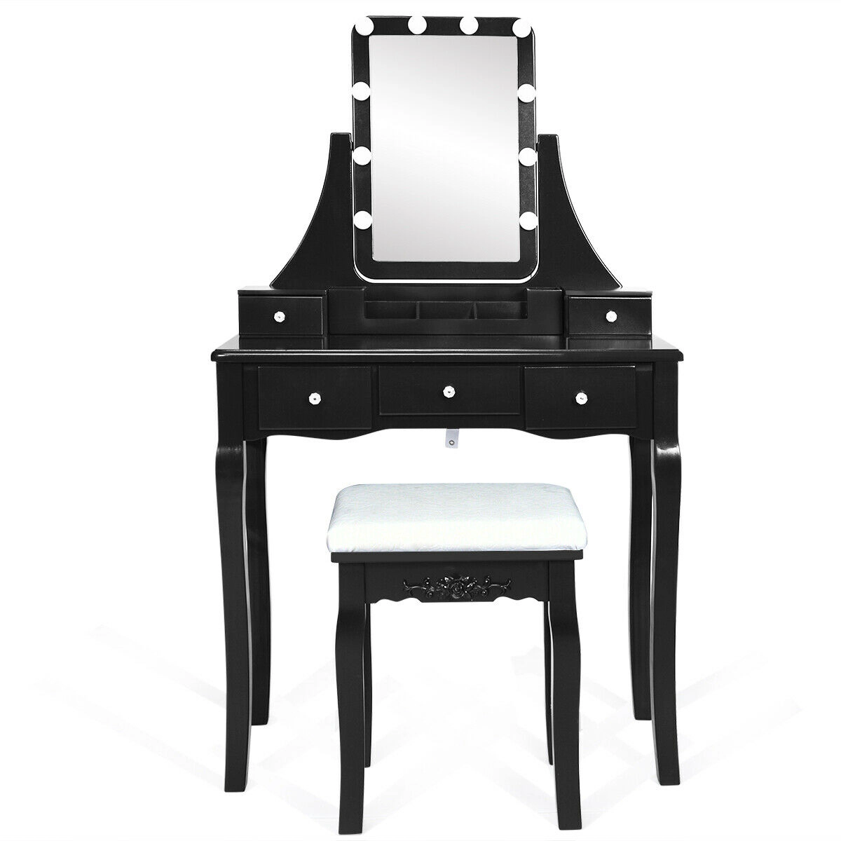 SUGIFT 10 Dimmable Light Bulbs Vanity Dressing Table Storage Box & Cushioned Stool 286-lb Table 250-lb Stool Capacity