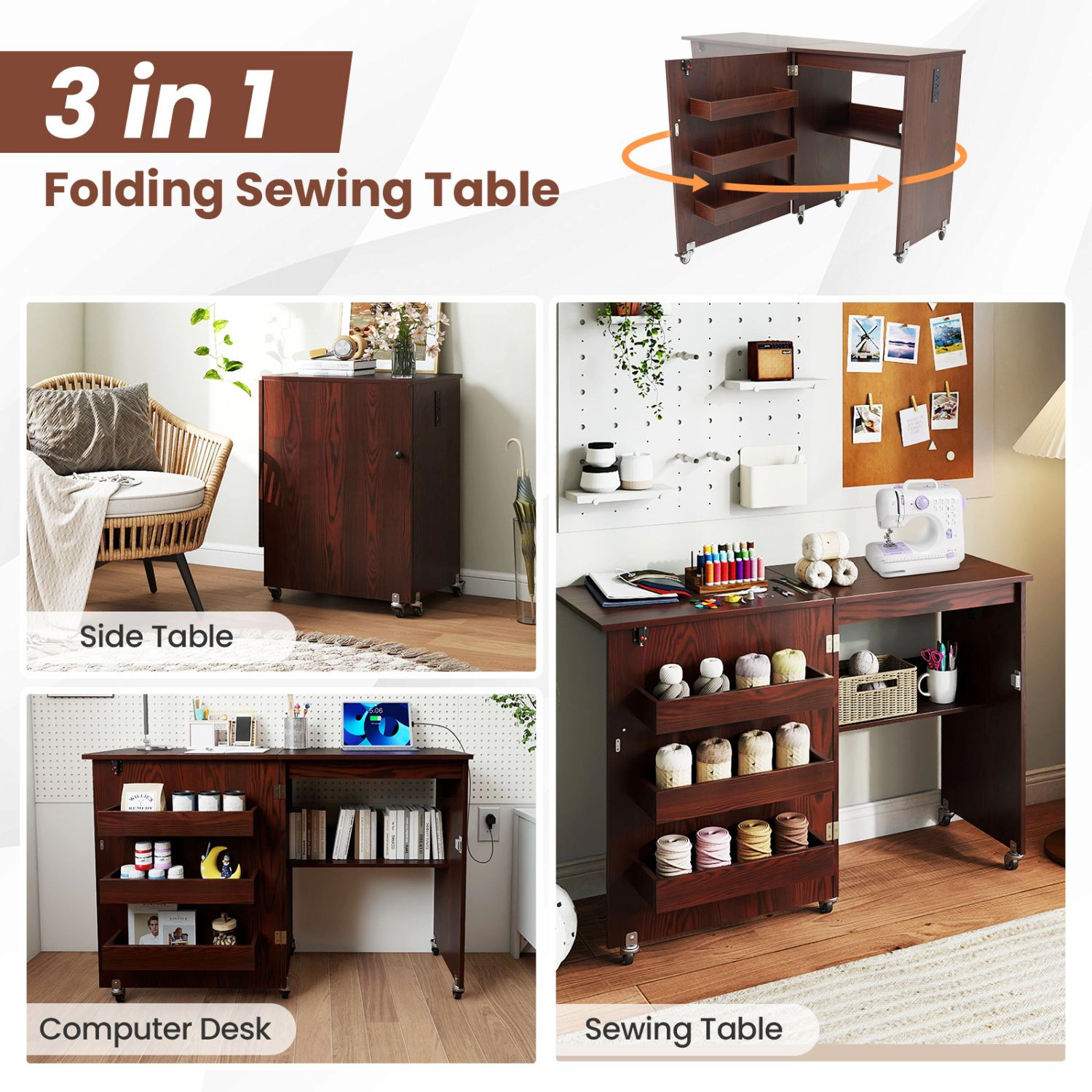 SlickBlue Portable Sewing Machine Table with Power Outlet Foldable Craft Desk