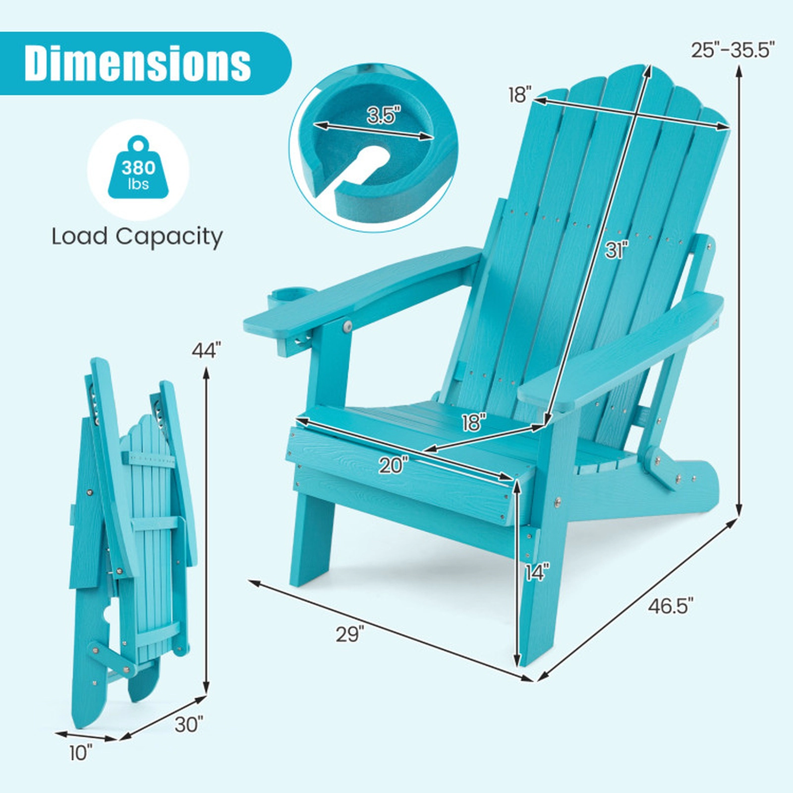 SUGIFT Set of 2 330-lb Capacity Turquoise 5-Level Reclining Folding HIPS Adirondack Chairs with Swivel Cup Holder