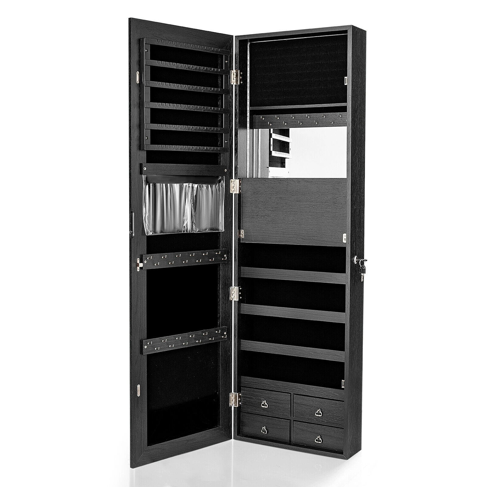 SUGIFT 47-in Wall or Door Mounted Black Jewelry Cabinet Organizer with 4 Drawers and Full-Length Mirror