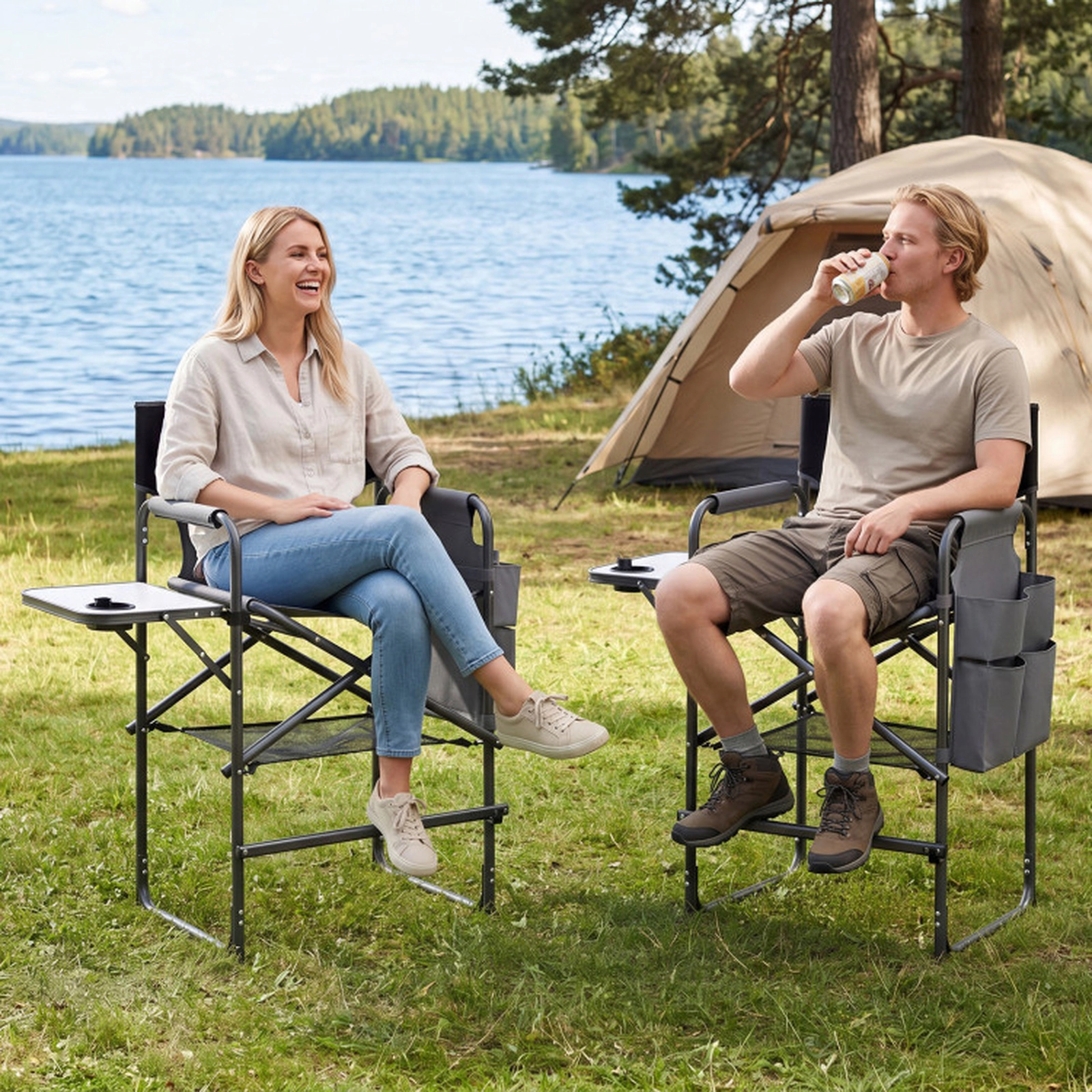 SUGIFT Folding Tall Director Camping Chair 26-in Seat Height 350-lb Capacity with Side Table Gray Black White