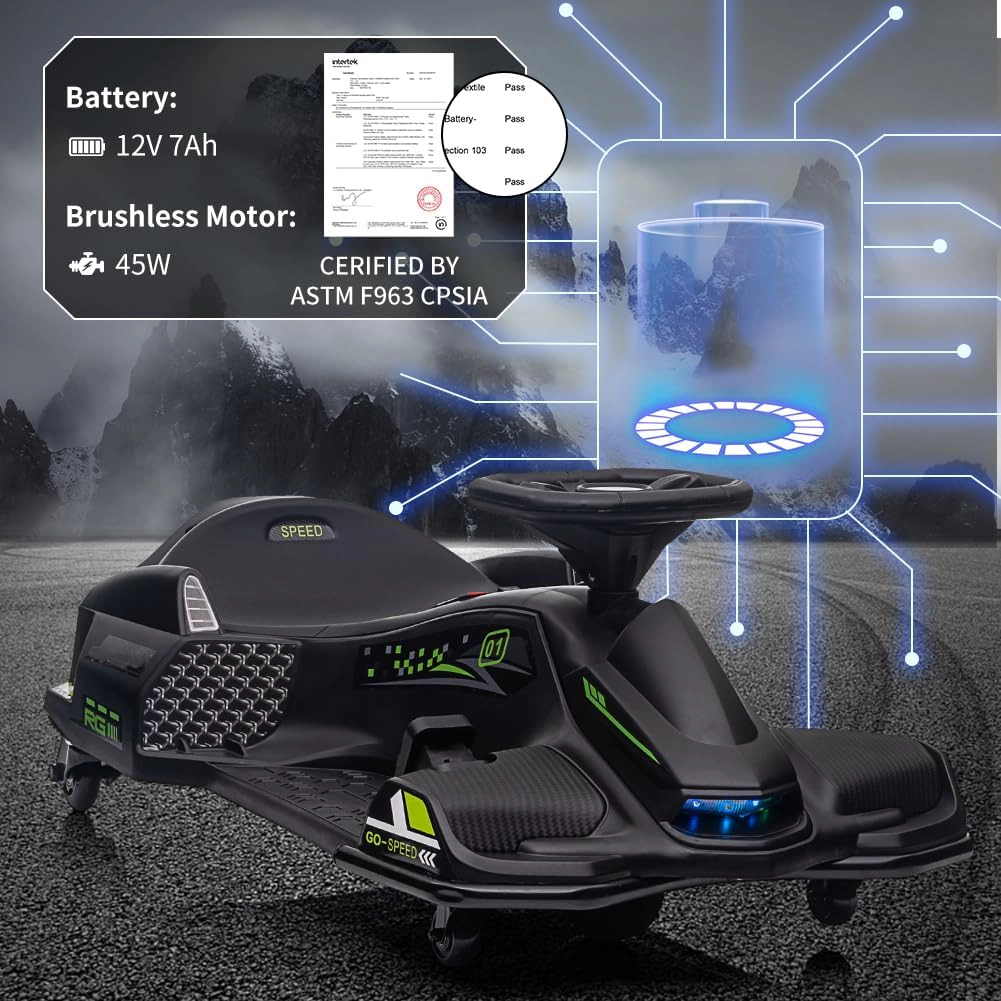 12V Kids Drift Car, Electric Go-Kart w/45W Motor, 5 MPH Variable Speed, Music, LED Lights, USB, Safety Alarm