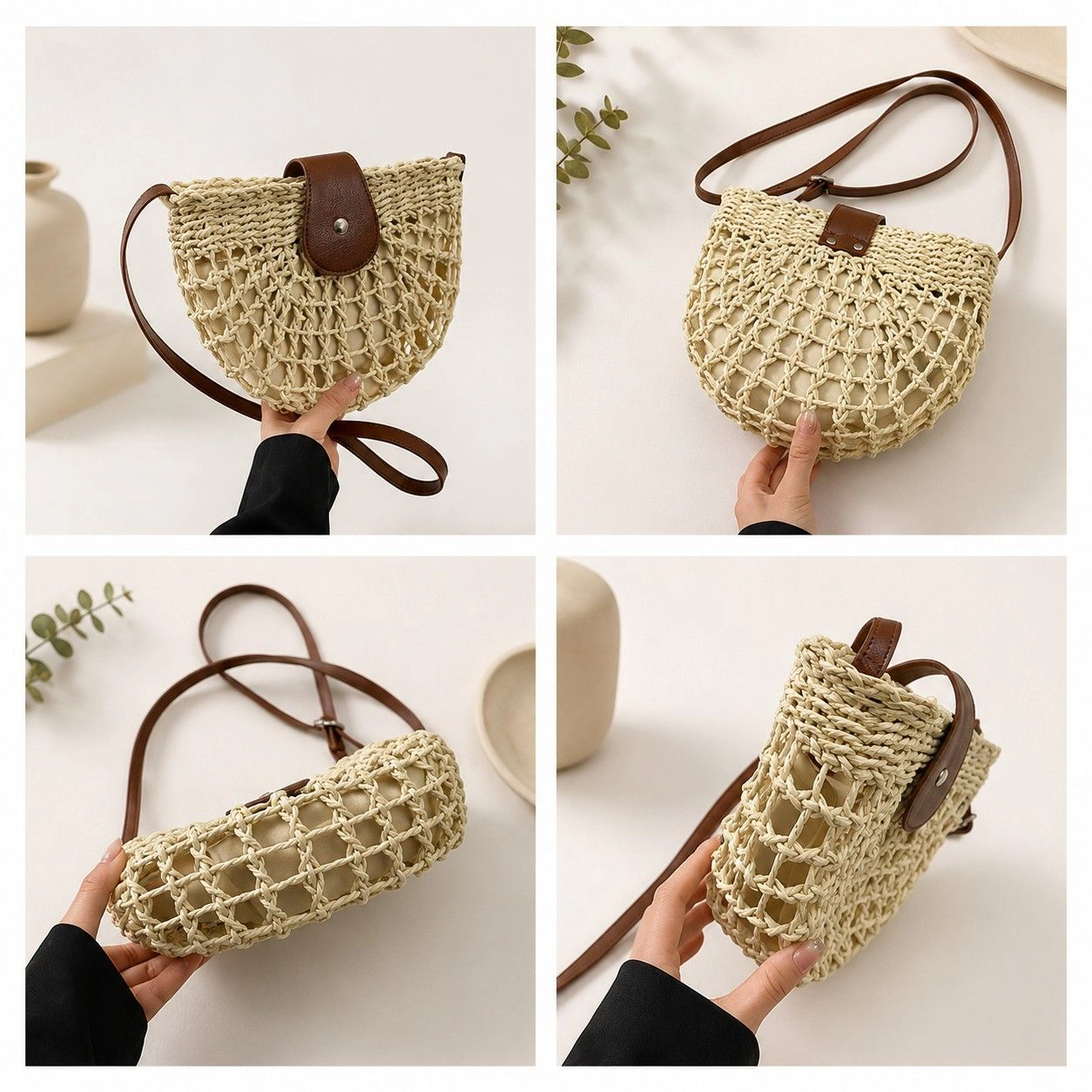Alilang Women's Woven Straw Crescent Crossbody Handbag with Adjustable Shoulder Strap, Khaki