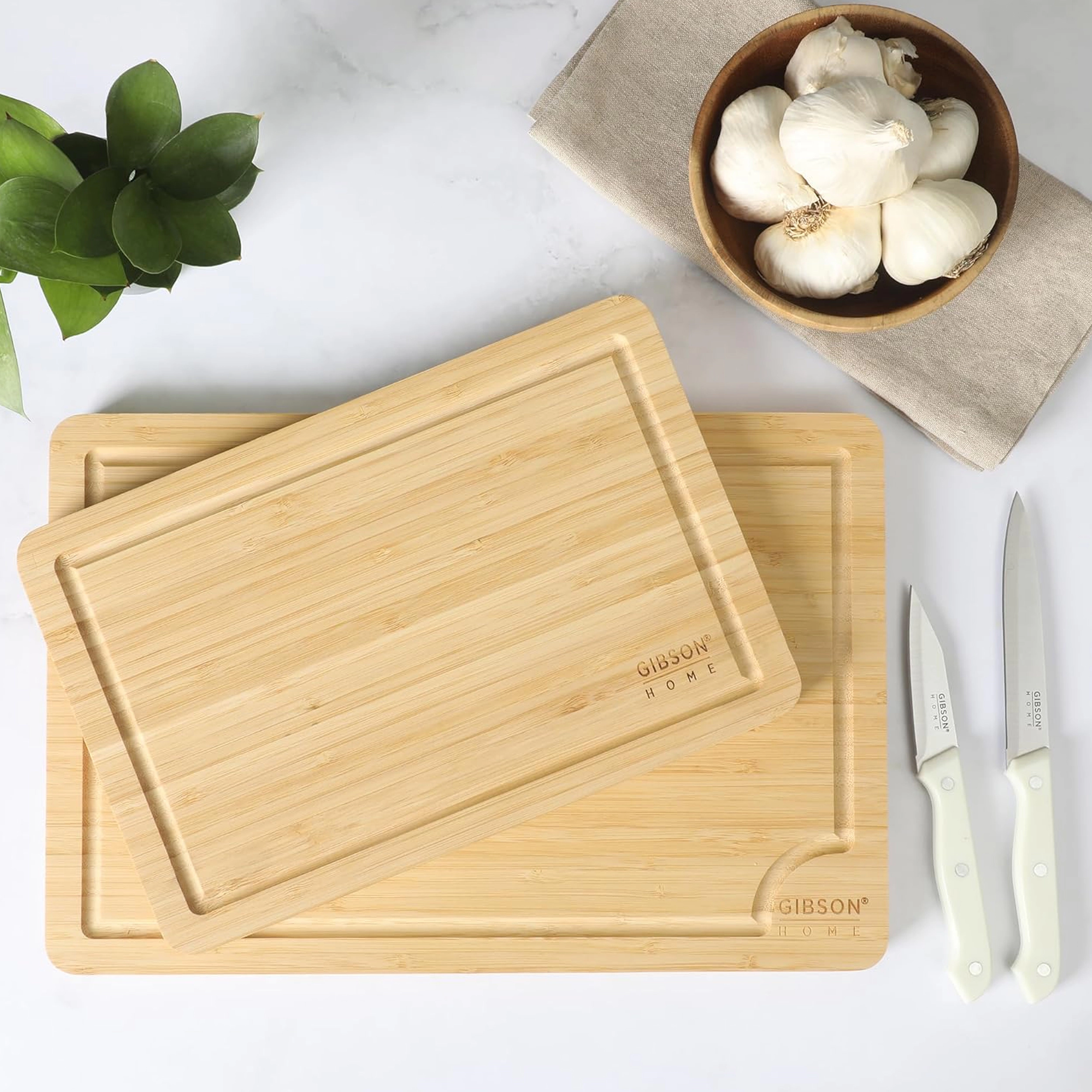 Gibson Home Forestview 2 Piece Rectangle Bamboo Cutting Board Set with Juice Grooves