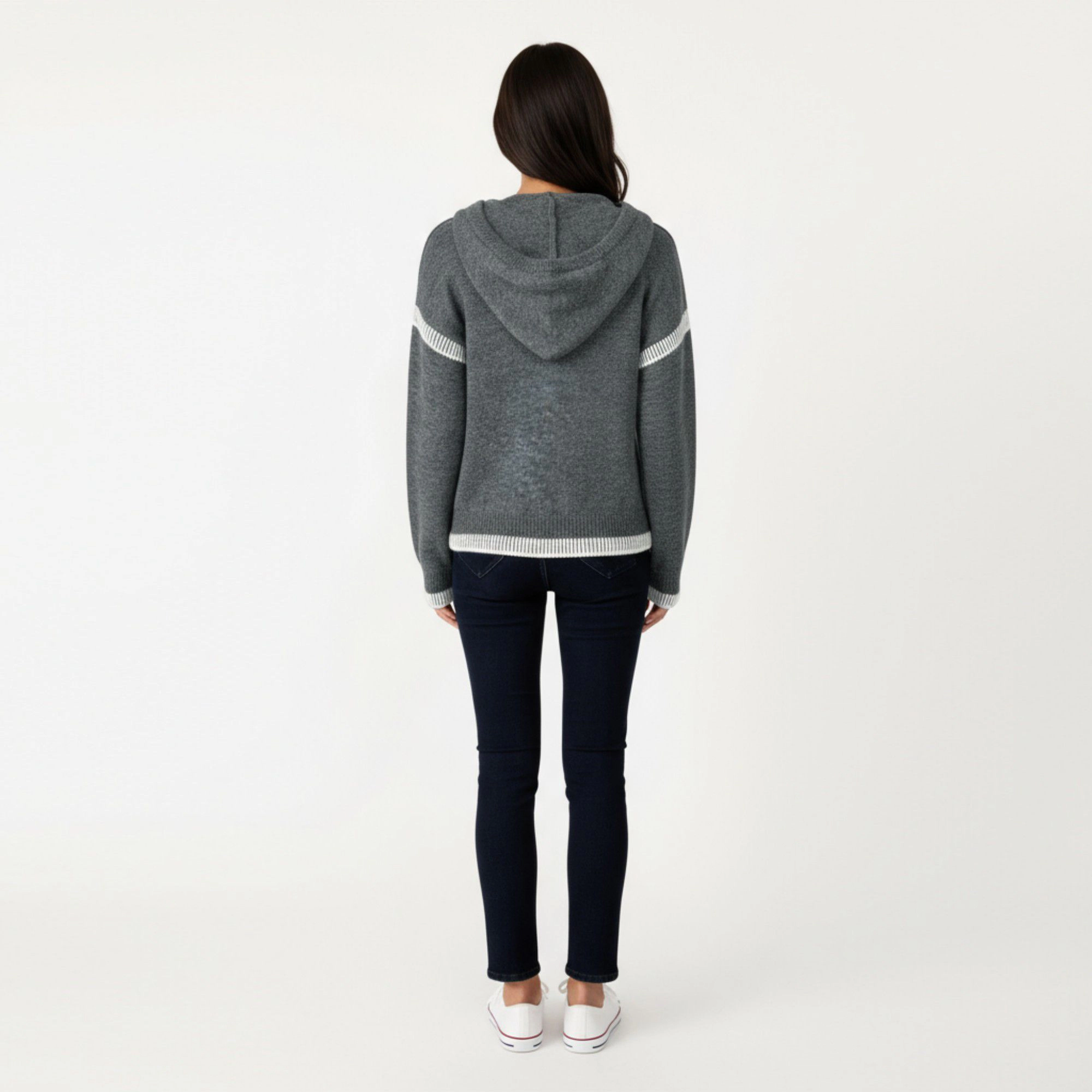 Anna-Kaci Women's Contrast Trim V-Neck Long Sleeve Knit Hoodie