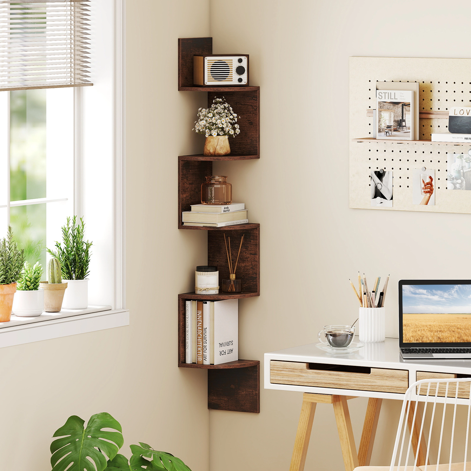 SUGIFT 5-Tier Rustic Brown 50-in Wall Mounted Floating Corner Bookshelf with 6 Mounting Kits and Edge Guards