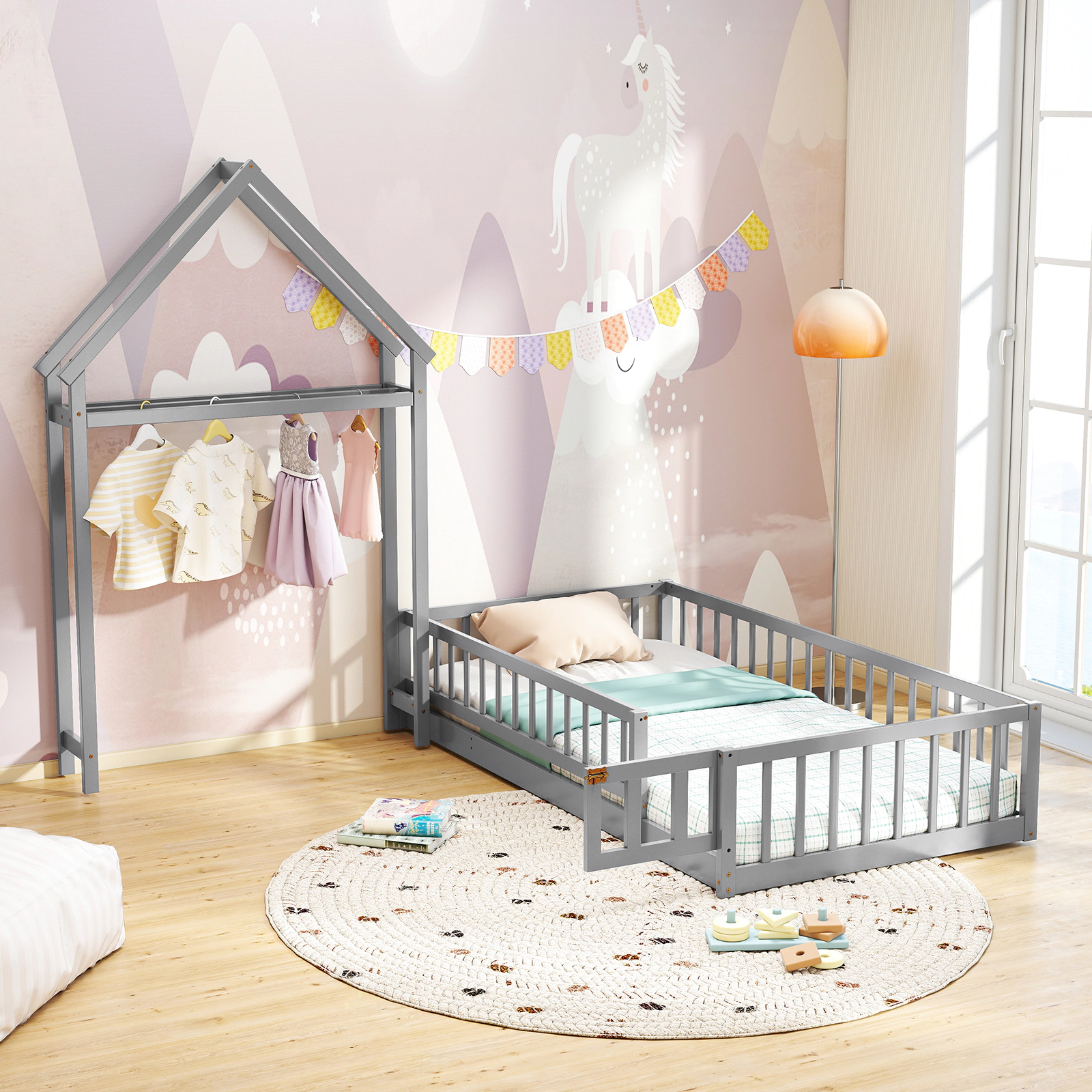 SUGIFT Twin House Floor Bed with Gabled Headboard, Safety Rails, Latching Gate and Drying Rack, Gray