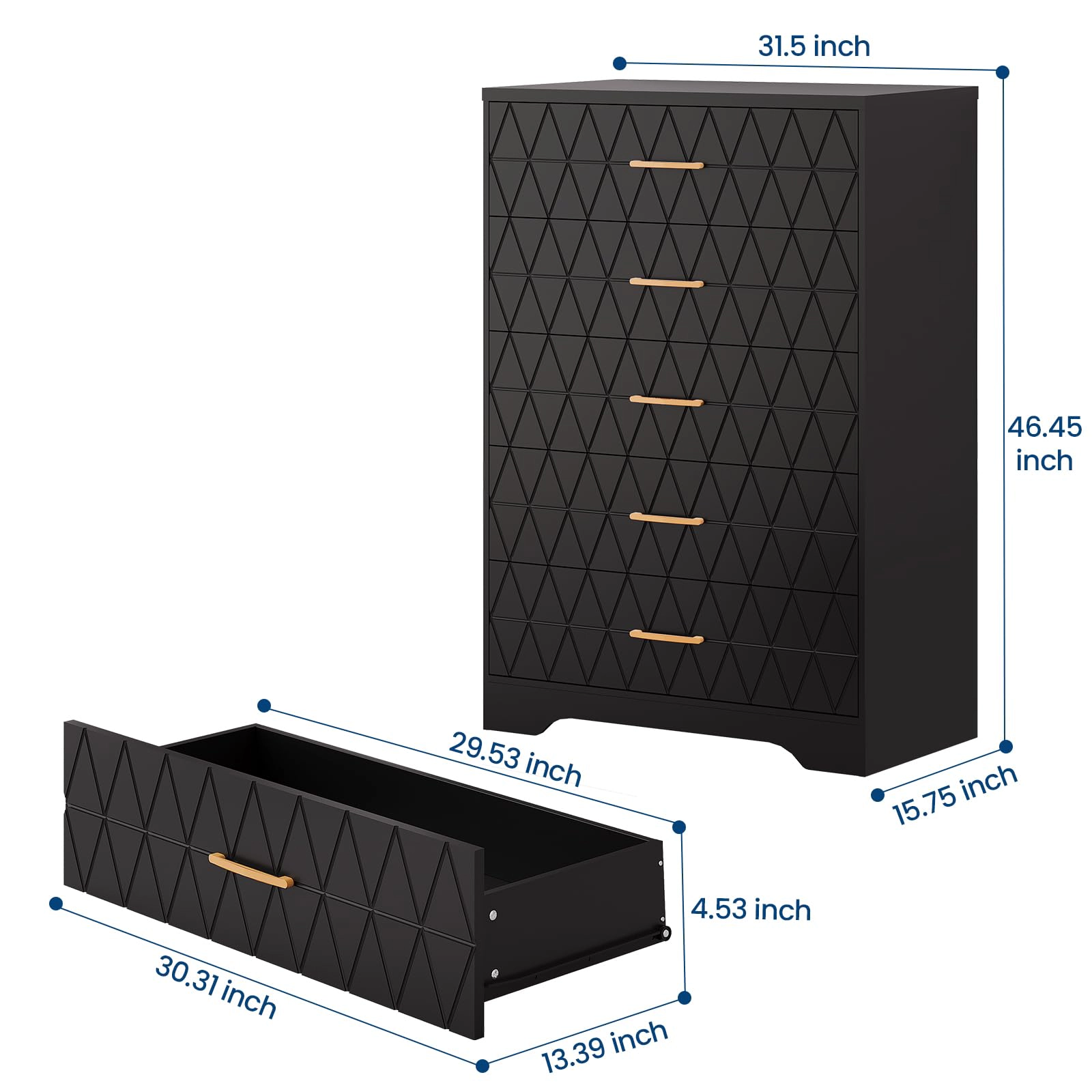 Tall Wooden 5 Drawer Dresser, Modern Chest with Gold Handles for Bedroom, Living Room, Hallway