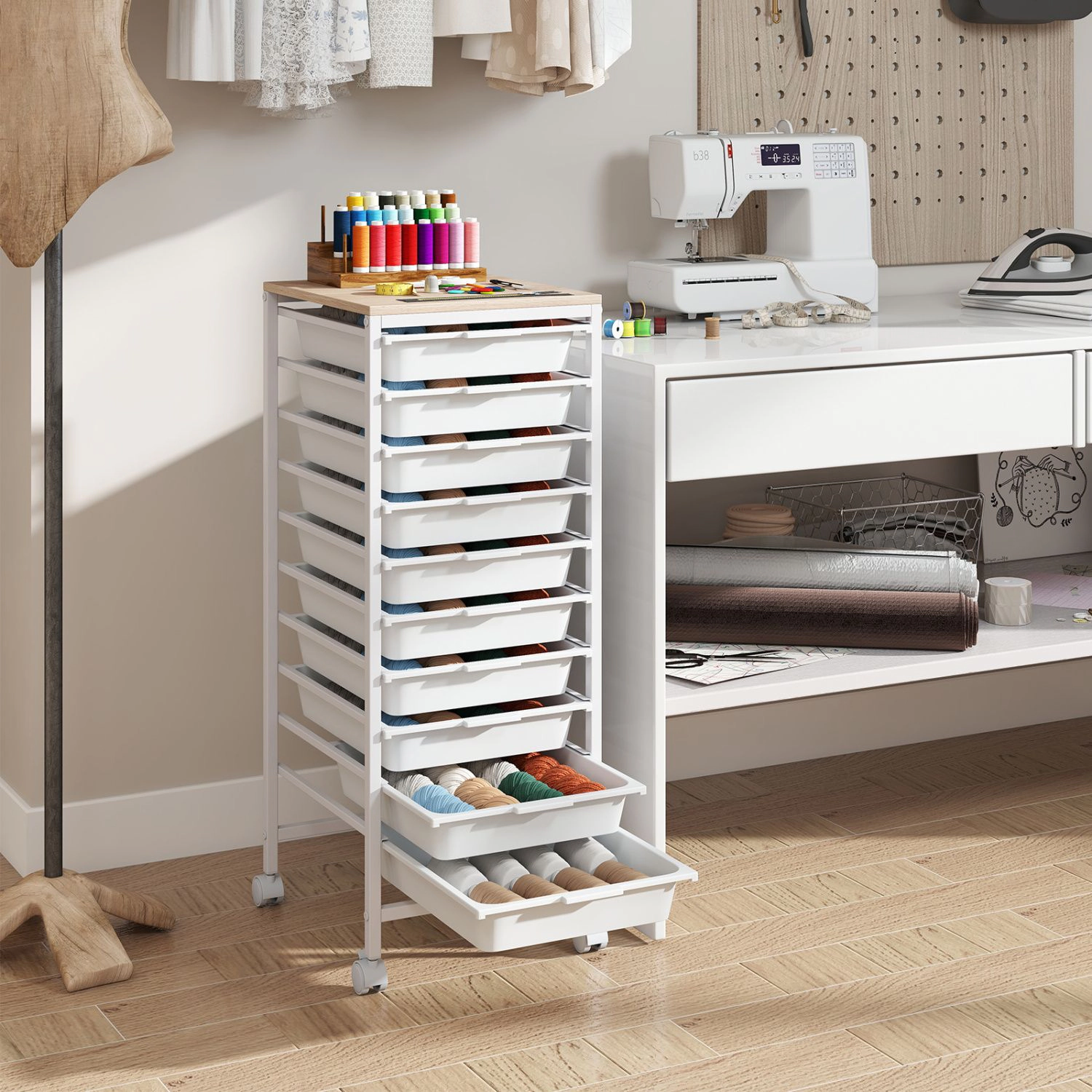 SlickBlue 10 Drawer Rolling Storage Cart with Wooden Top Organizer