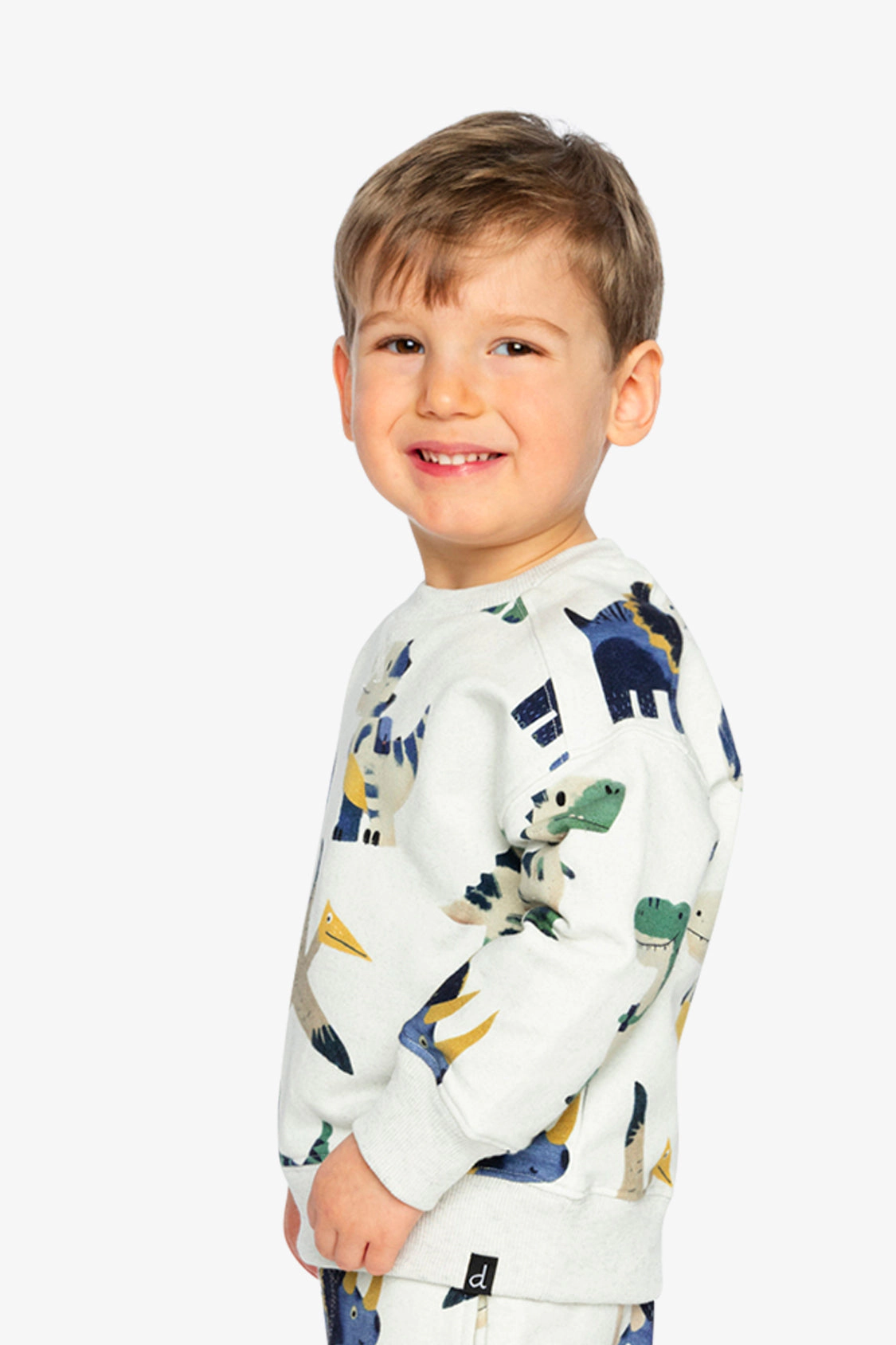 Deux par Boys Fleece Ribbed Crewneck Dinosaur Print Sweatshirt