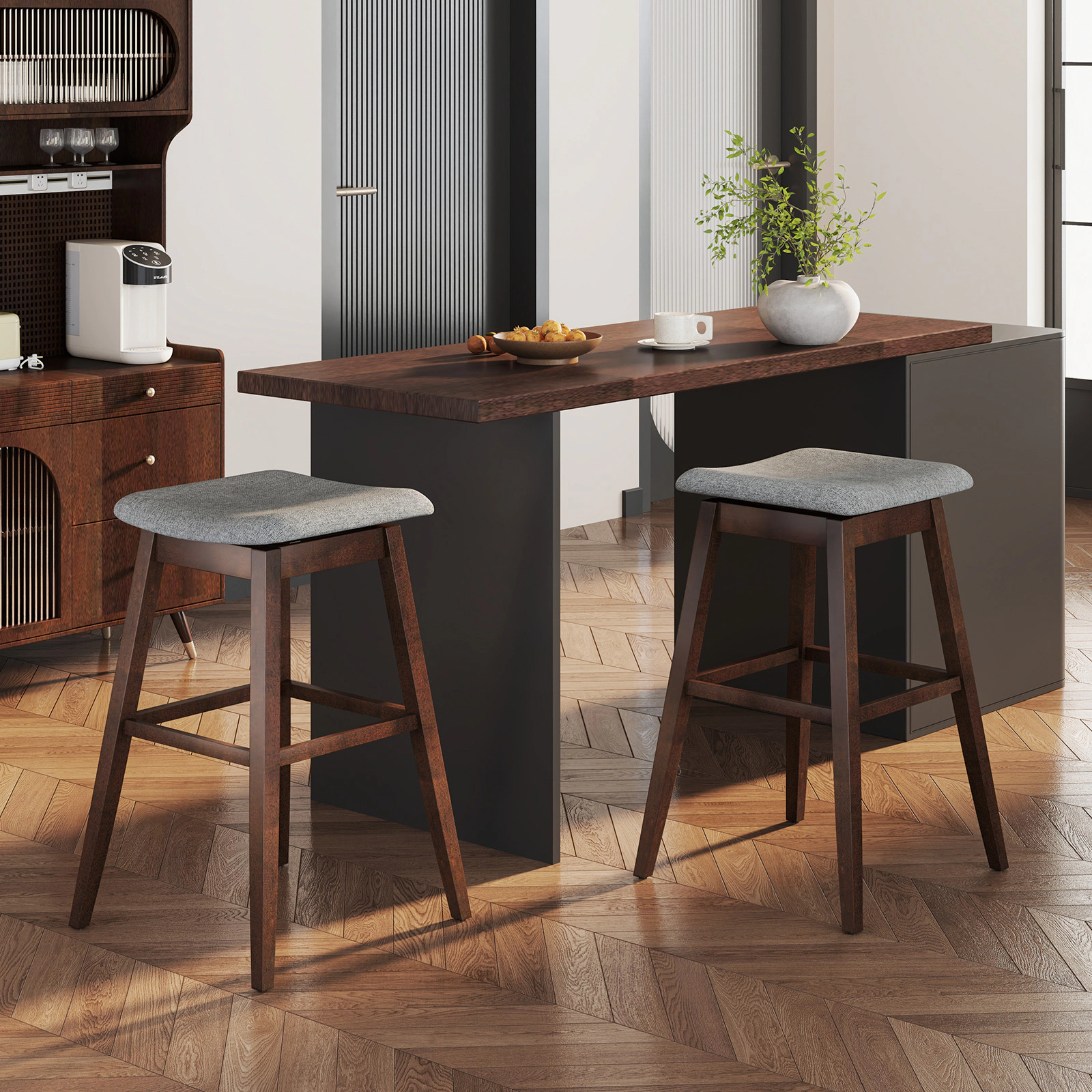 Glintex 2-Piece 30-Inch Backless Swivel Bar Stool Set with Linen Seat, Gray & Brown
