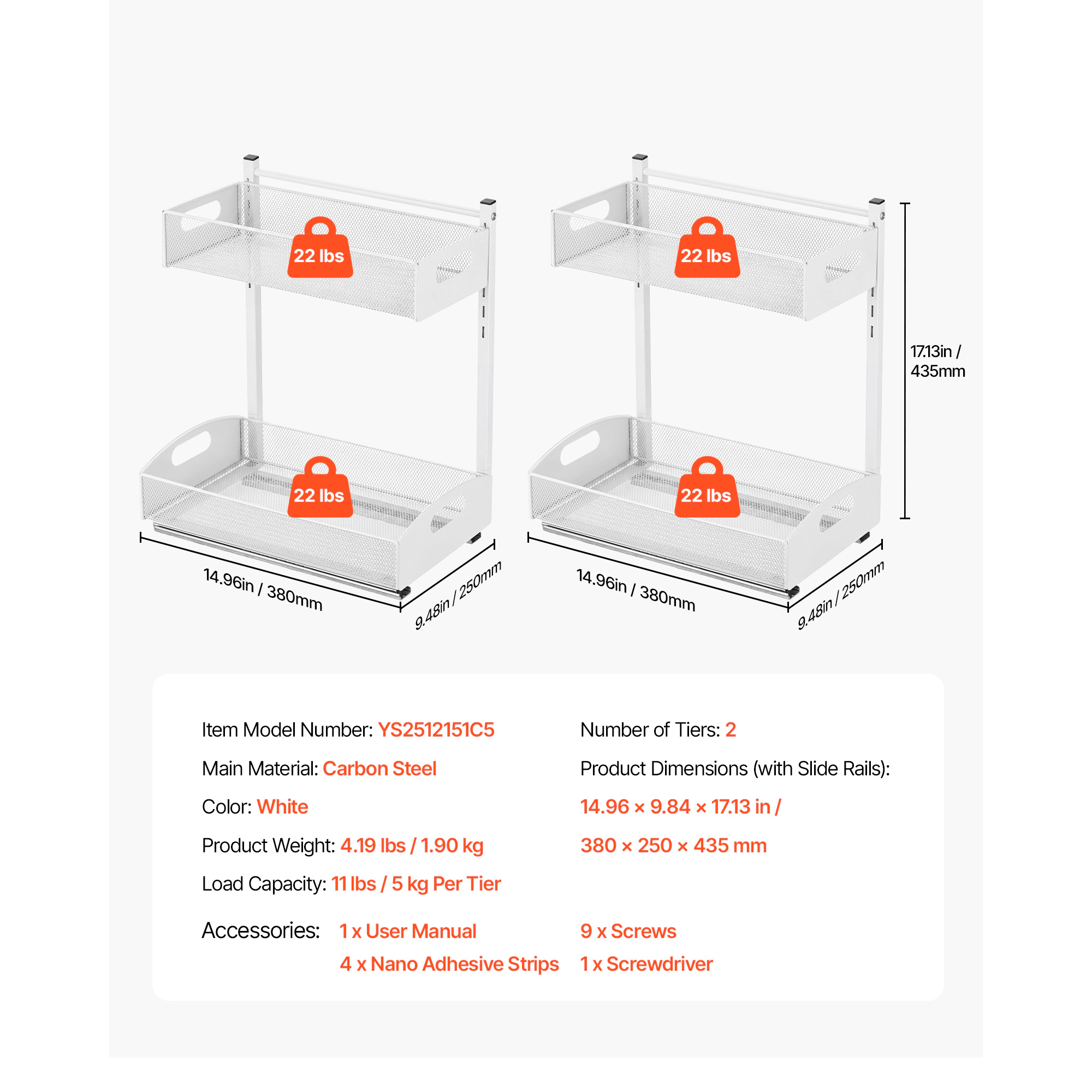 HONGGE Under Sink Organizer 2 Pack 2-Tier Pull Out Cabinet Organizer with 4-Level Height Adjustment Metal Slide Out