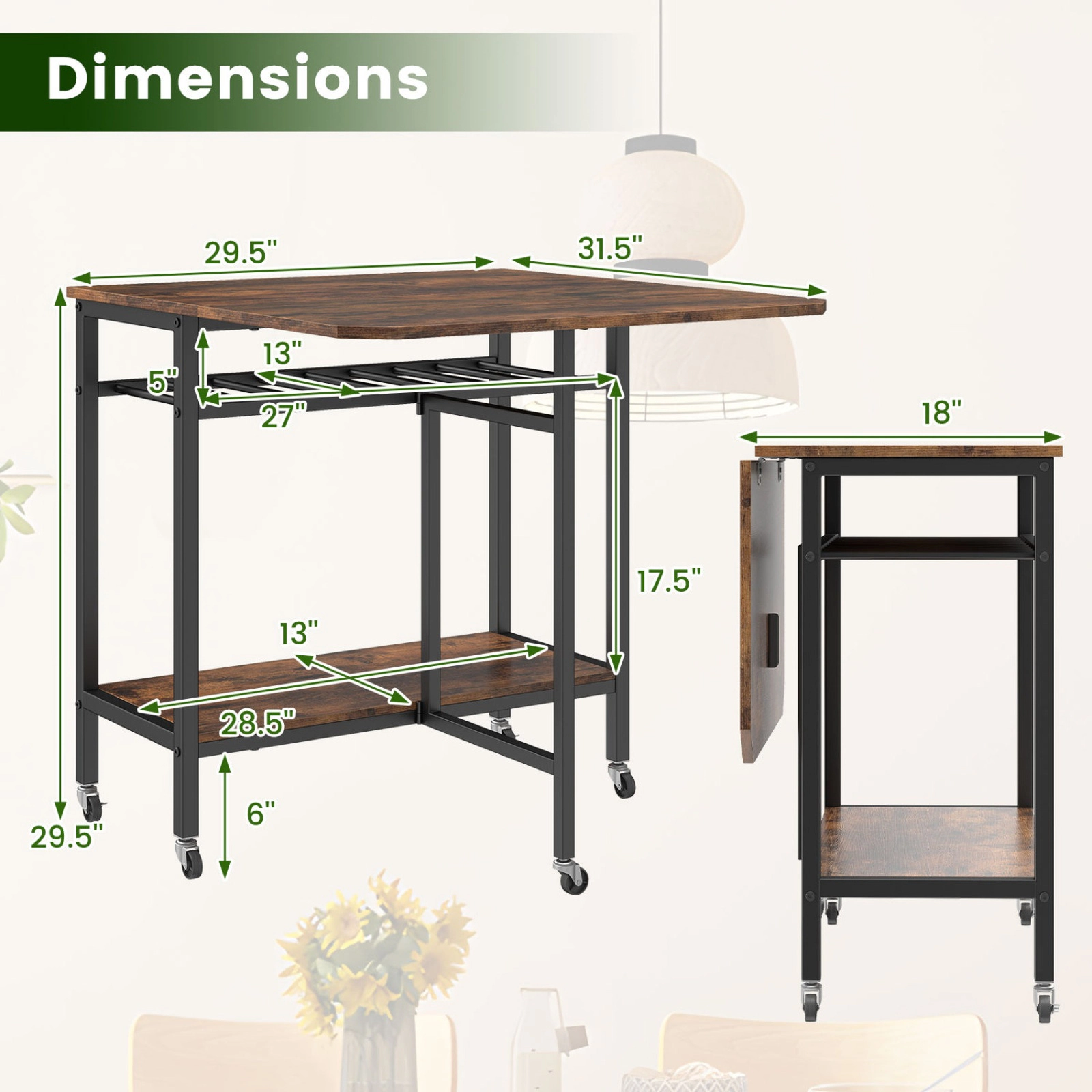 SUGIFT Rolling Drop-Leaf Dining Table with Wine Rack and Locking Casters