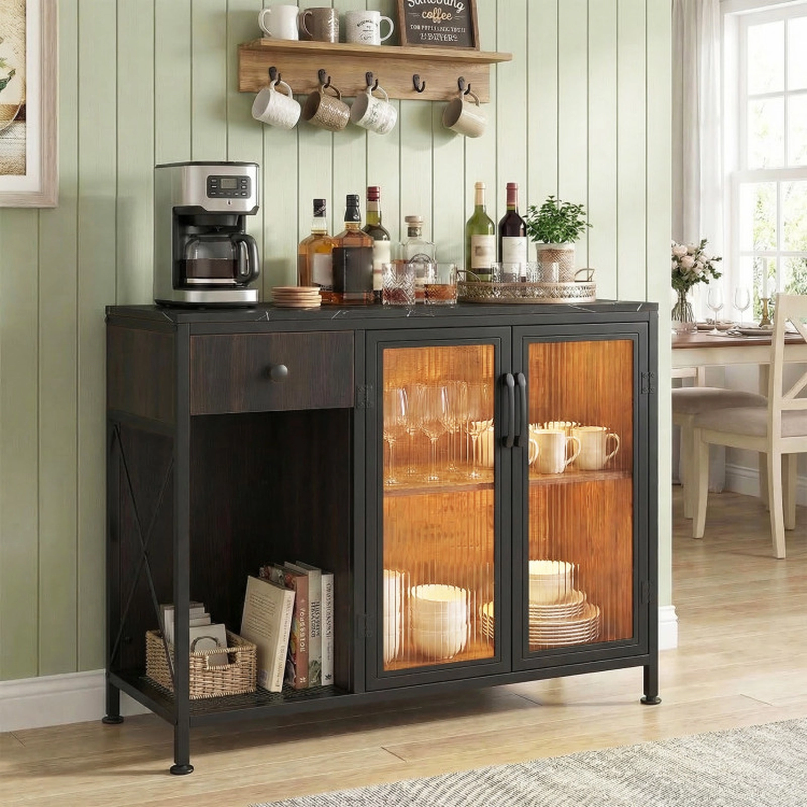 SUGIFT 34-in 110-lb Countertop Black Industrial Buffet Sideboard with Power Outlets RGB LED Light and Drawer