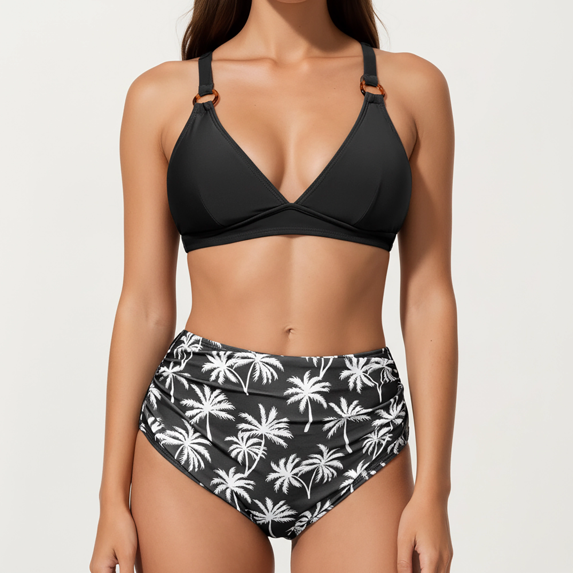 Anna-Kaci Women's 2-Piece High Waisted Bikini Set with Ring Strap Top and Palm Print Bottom