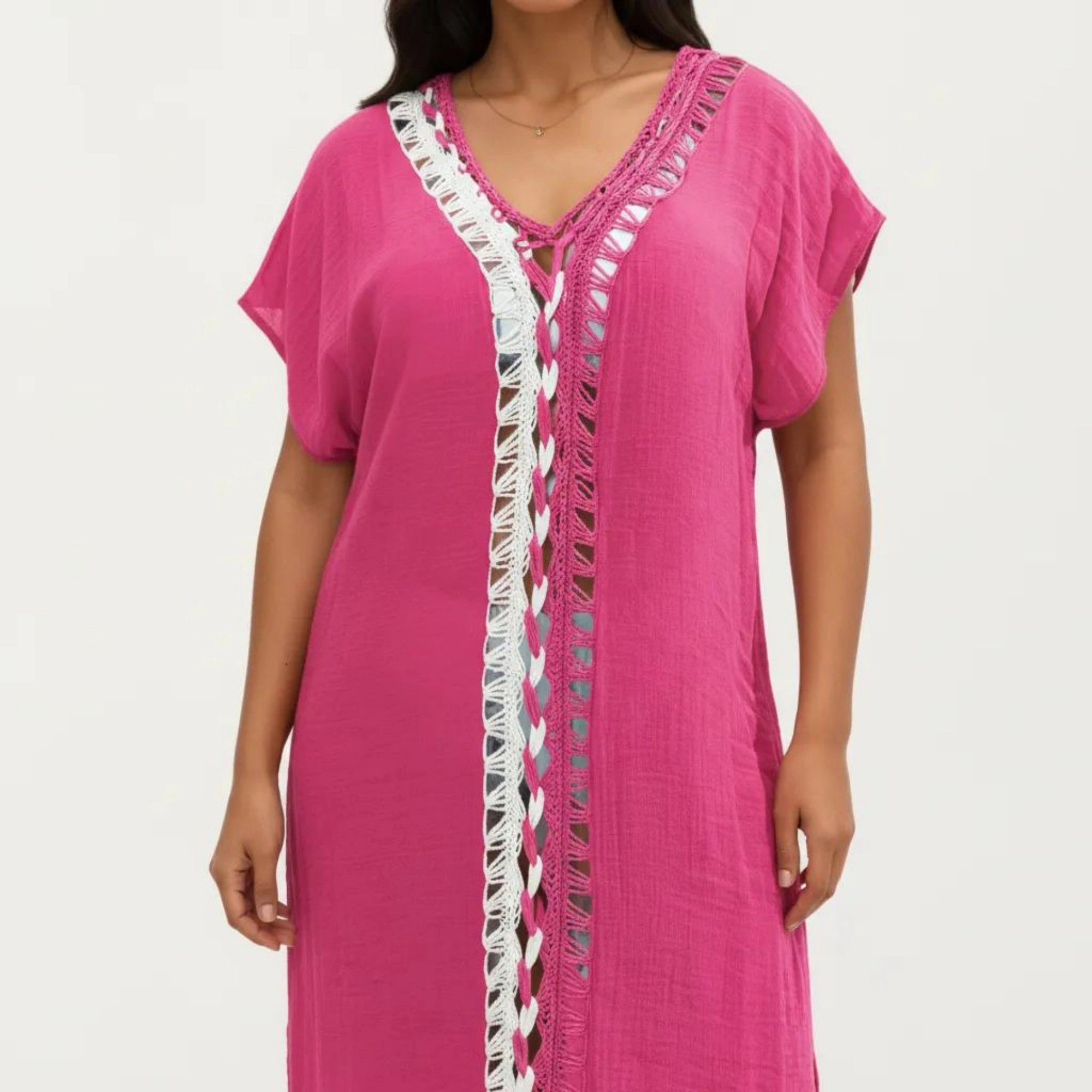 Anna-Kaci Women's Maxi Swim Cover Up Dress with Crochet Trim V Neck Short Sleeves Relaxed Lightweight Fit
