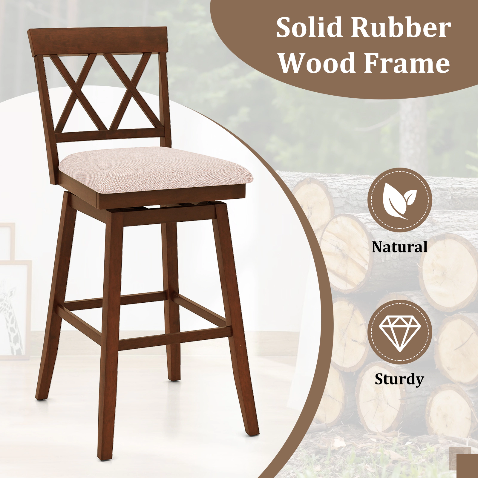 SUGIFT X-Back and Linen Upholstered Seat Cushion Set of 2 Oak 29 in Swivel Bar Stools