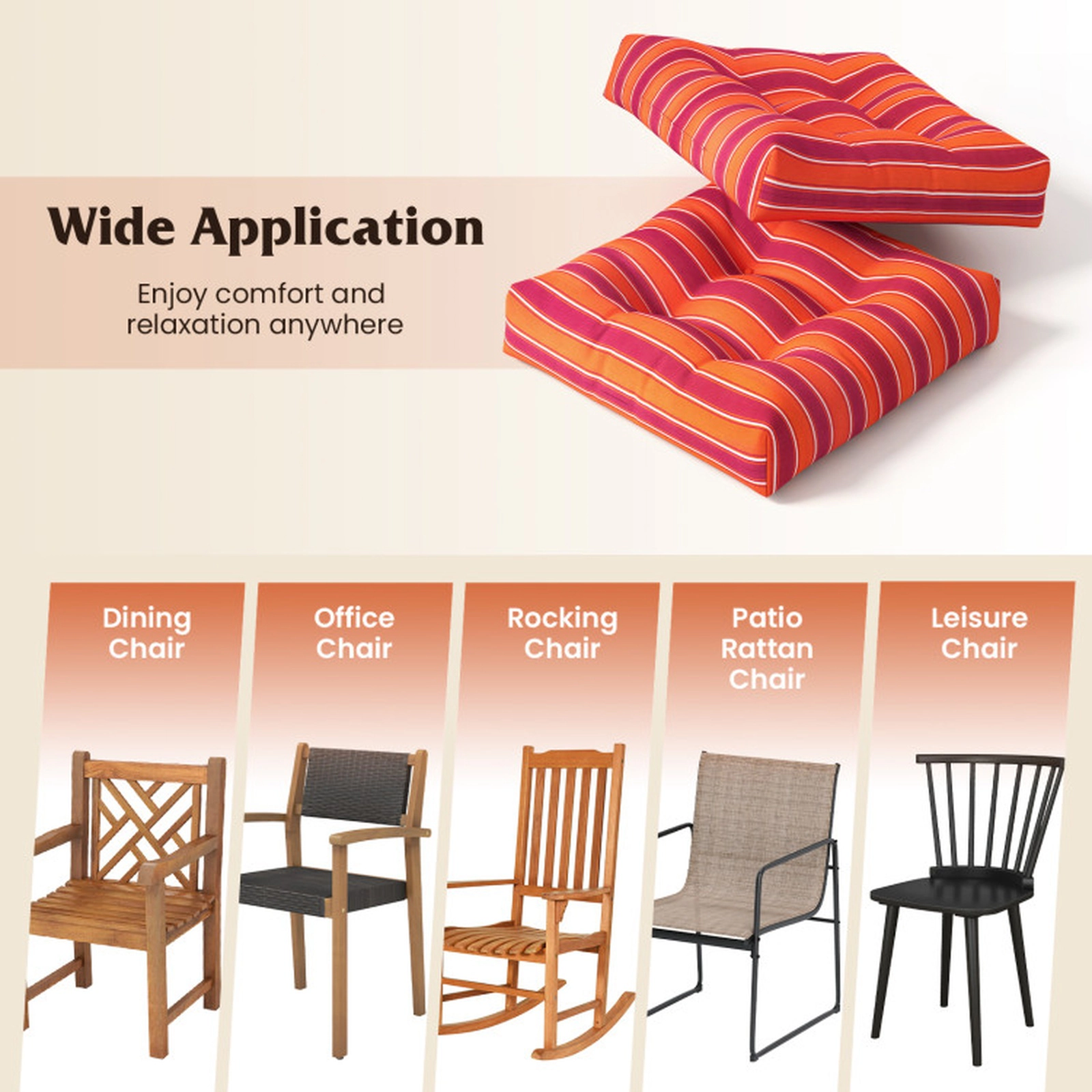 SUGIFT 2-Pack 21-in x 21-in Orange Waterproof Outdoor Patio Chair Seat Cushion Pads with Sun Protection