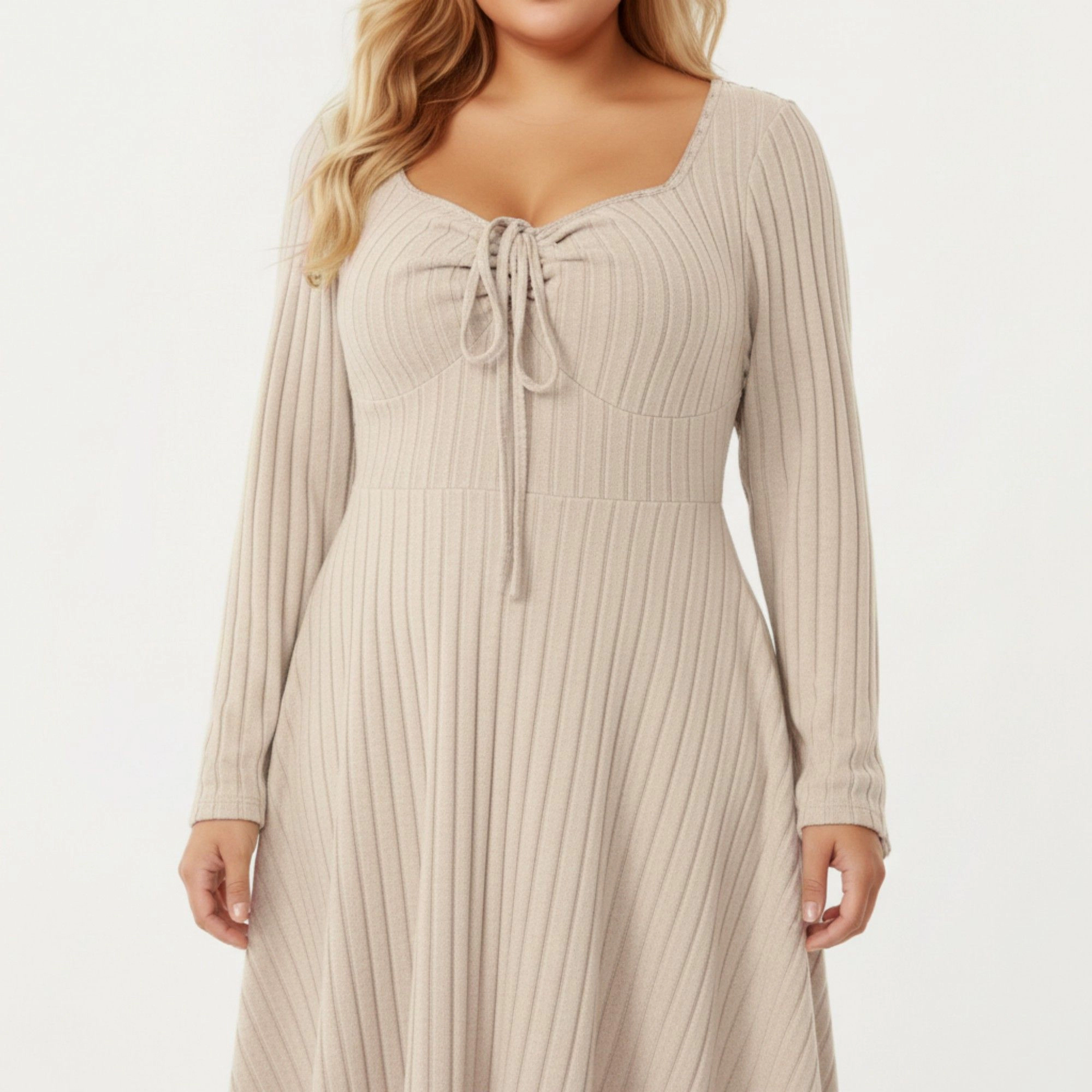 Anna-Kaci Women's Plus Size Long Sleeve Ribbed Tie Front Flared Skirt Knit Dress