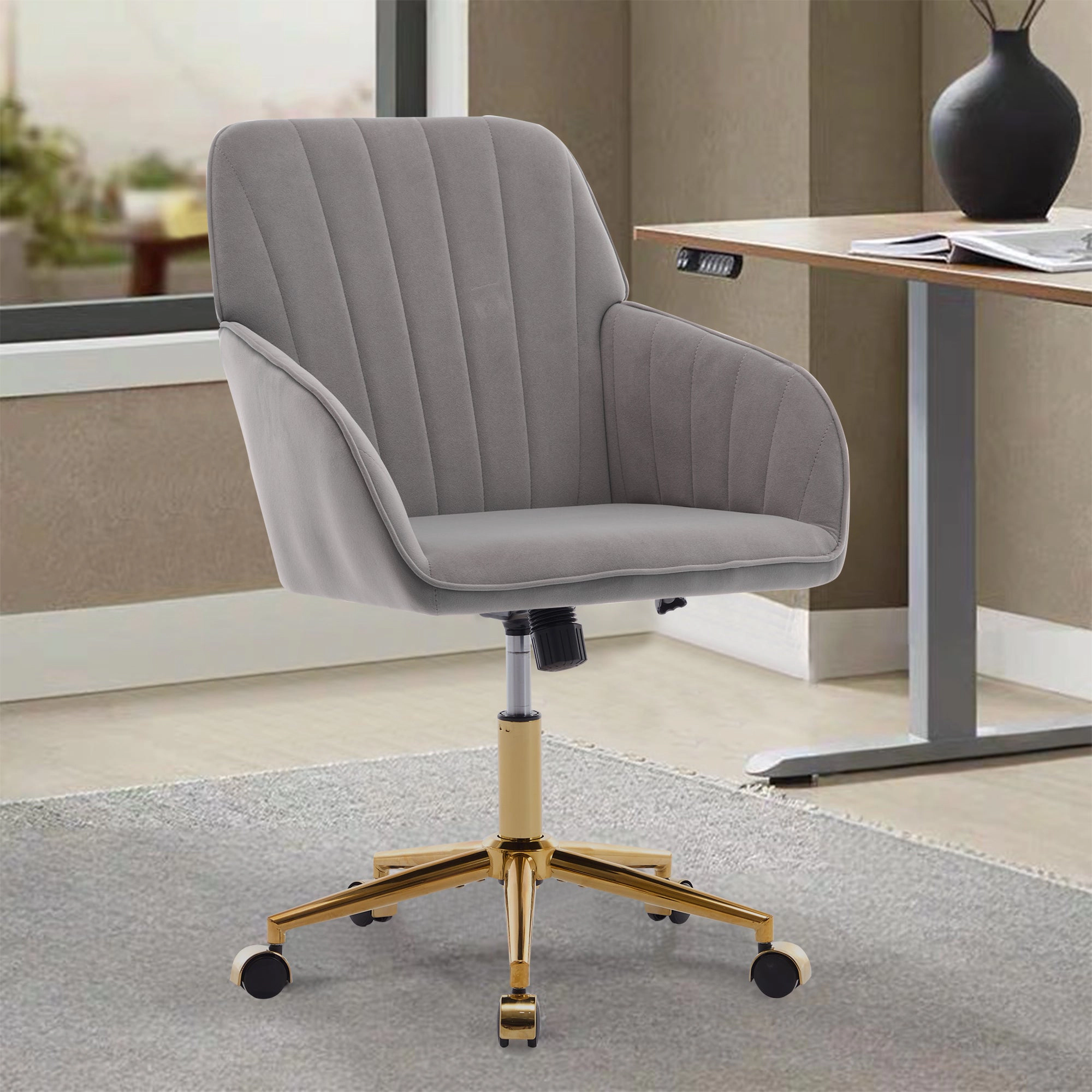 Platinum-Level Office Chairs TY Adjustable Velvet Office Chair, Gray, Gold Base Swivel