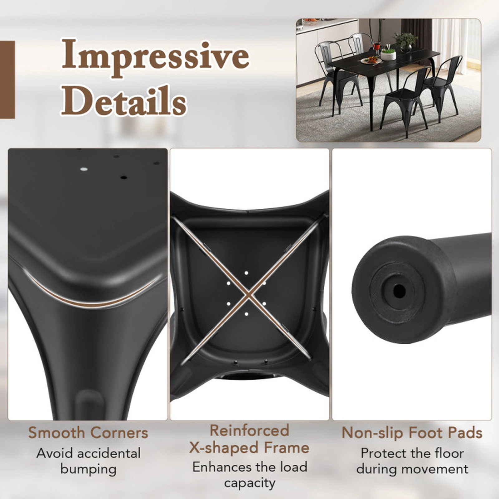 SUGIFT Metal Stackable Removable Backrest and X-Shaped Base Set of 4 Dining Chairs