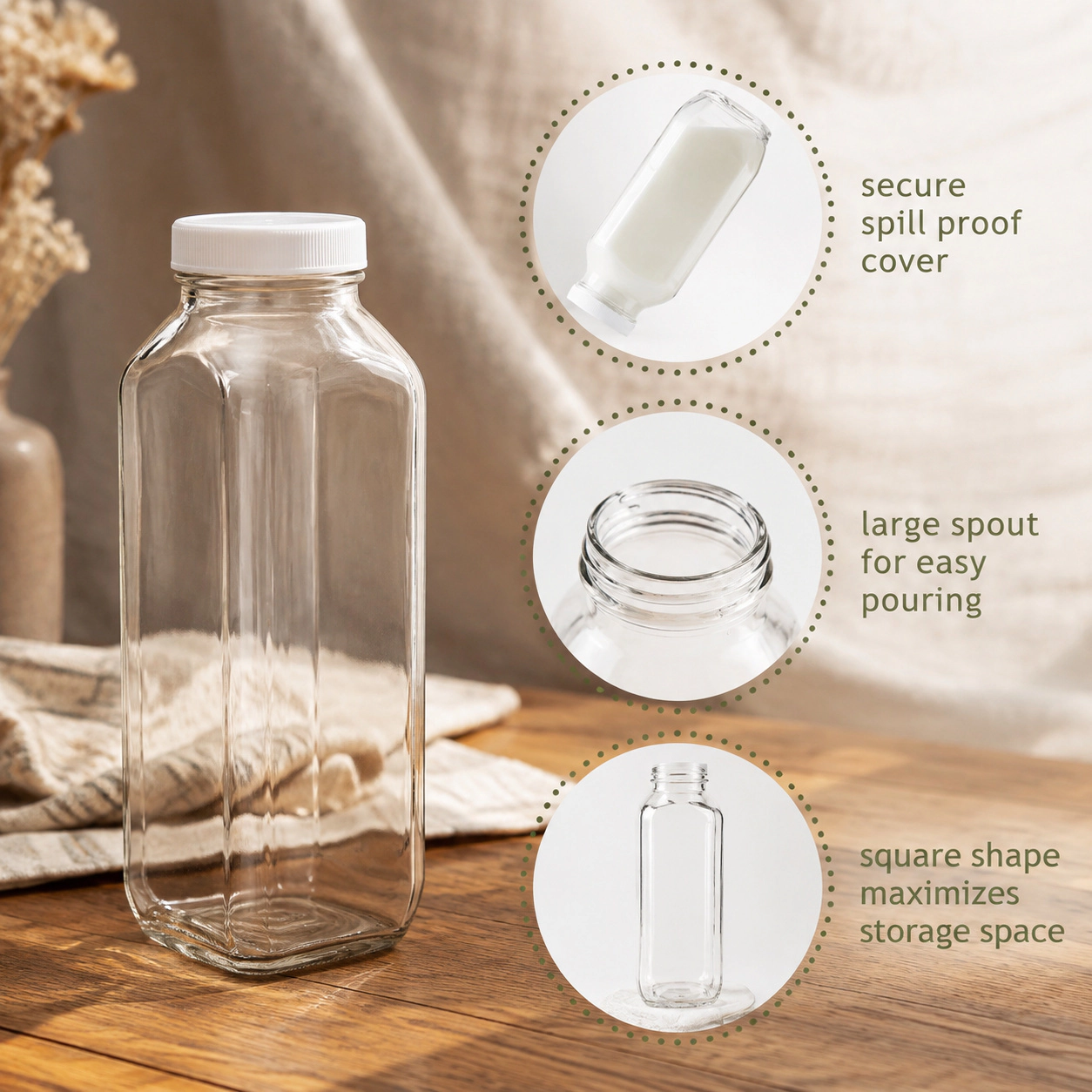 WZK Set of 2 16 Oz Square Airtight Lids Glass Milk Bottles