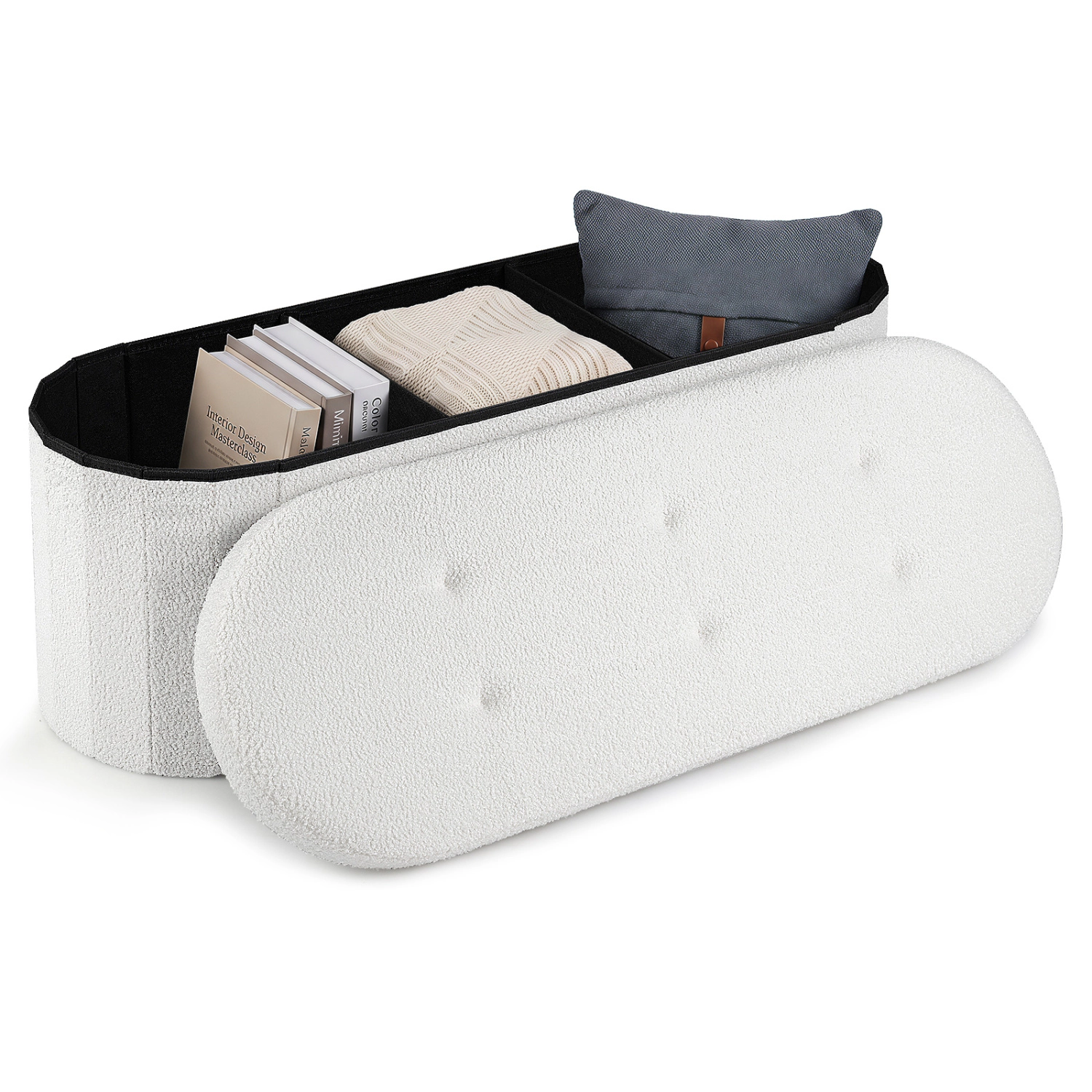 Glintex 43-Inch Teddy Fleece Storage Bench with 3 Compartments and 2 Dividers, White