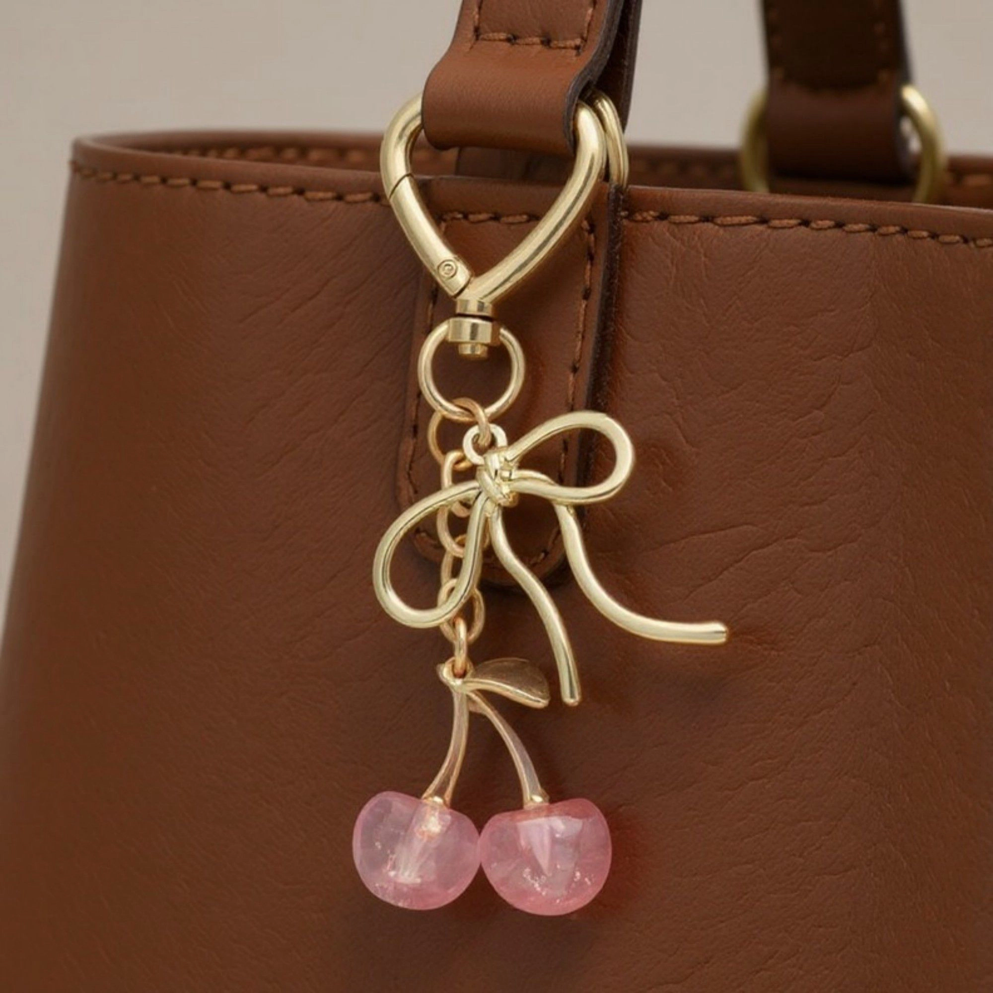 Alilang Women's Gold Bow Keychain with Pink Cherry Charms and Heart Clasp