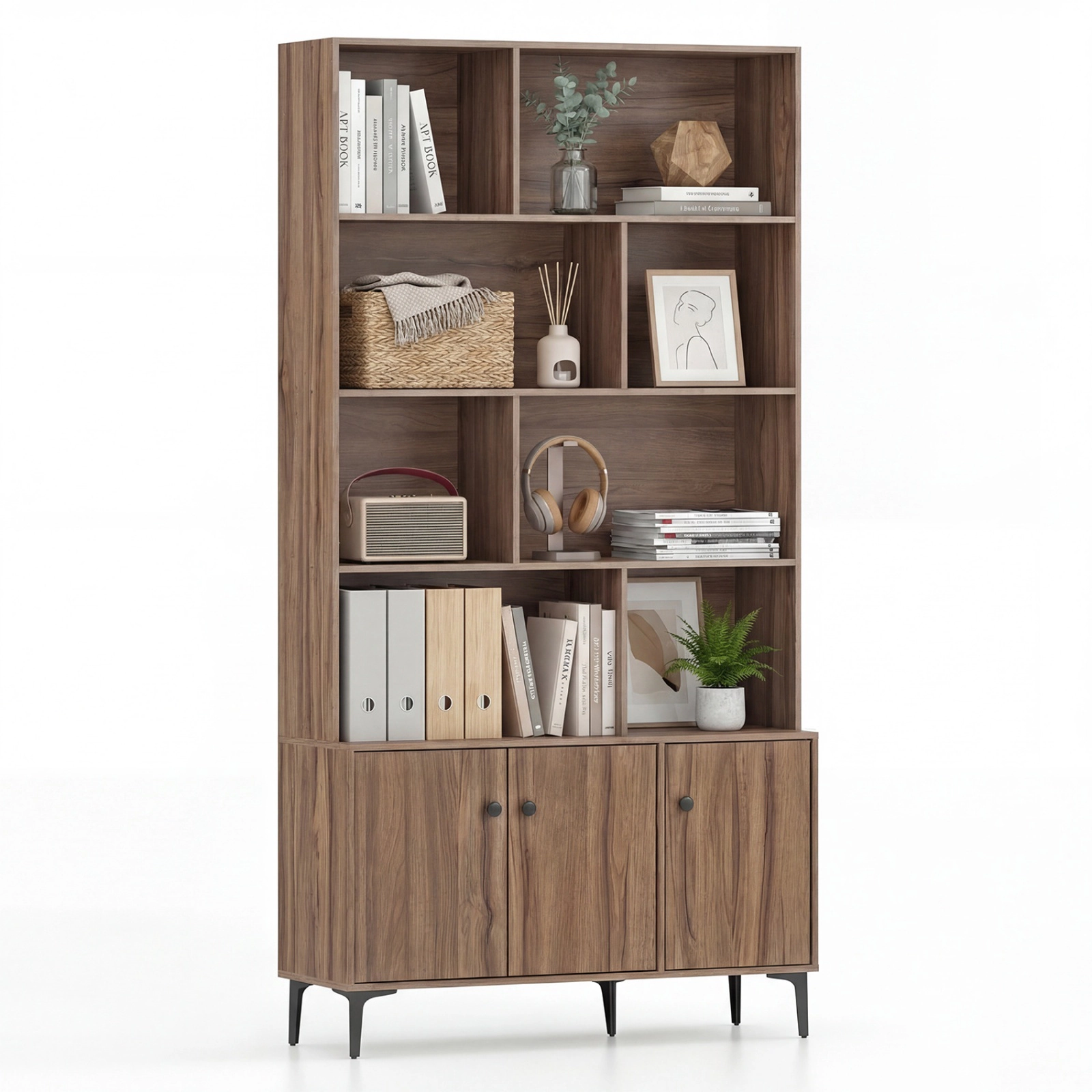 SUGIFT 68.5-in Tall Bookshelf with 3 Doors Open Shelves & Enclosed Cabinet 22-lb Shelf Capacity Home Office Walnut/White
