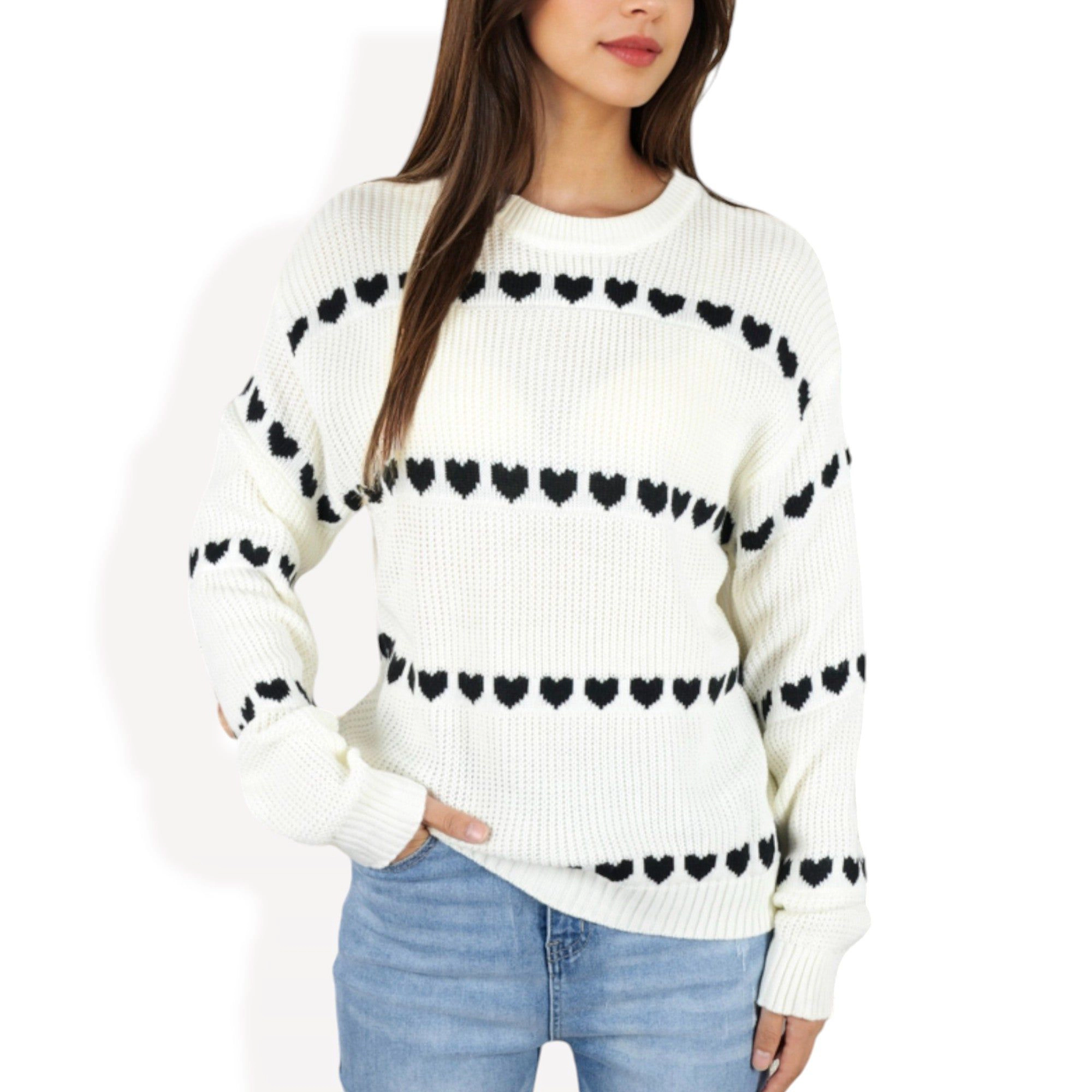 Anna-Kaci Women's Long Sleeve Knit Valentine Sweater with Heart Pattern and Crew Neck
