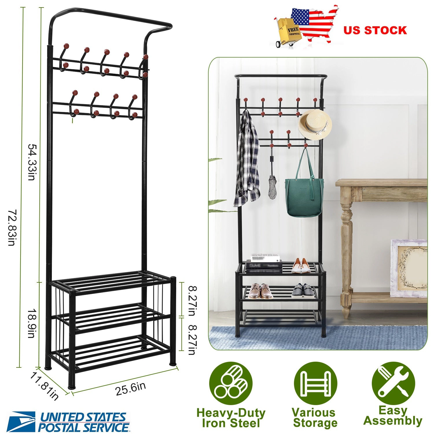 NEW Home Unisex Metal 3-Tier Entryway Hall Tree