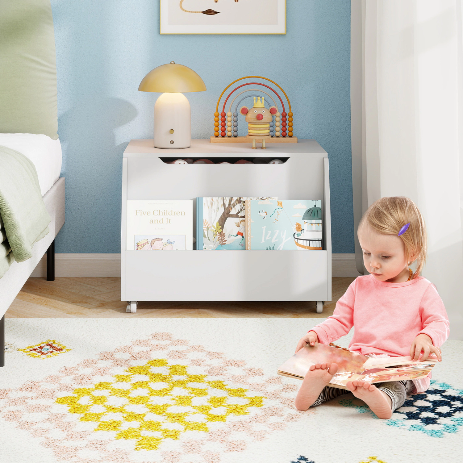 SUGIFT White 110-lb Top Wooden Mobile Kids Toy Box Storage Organizer with Front Bookshelf and Lockable Wheels