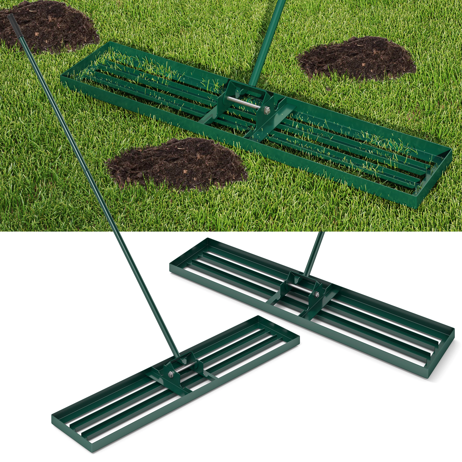 SUGIFT Green 46-in x 10-in Lawn Leveling Rake with 67-in Non-Slip Handle and Rotating Head for Golf Turf