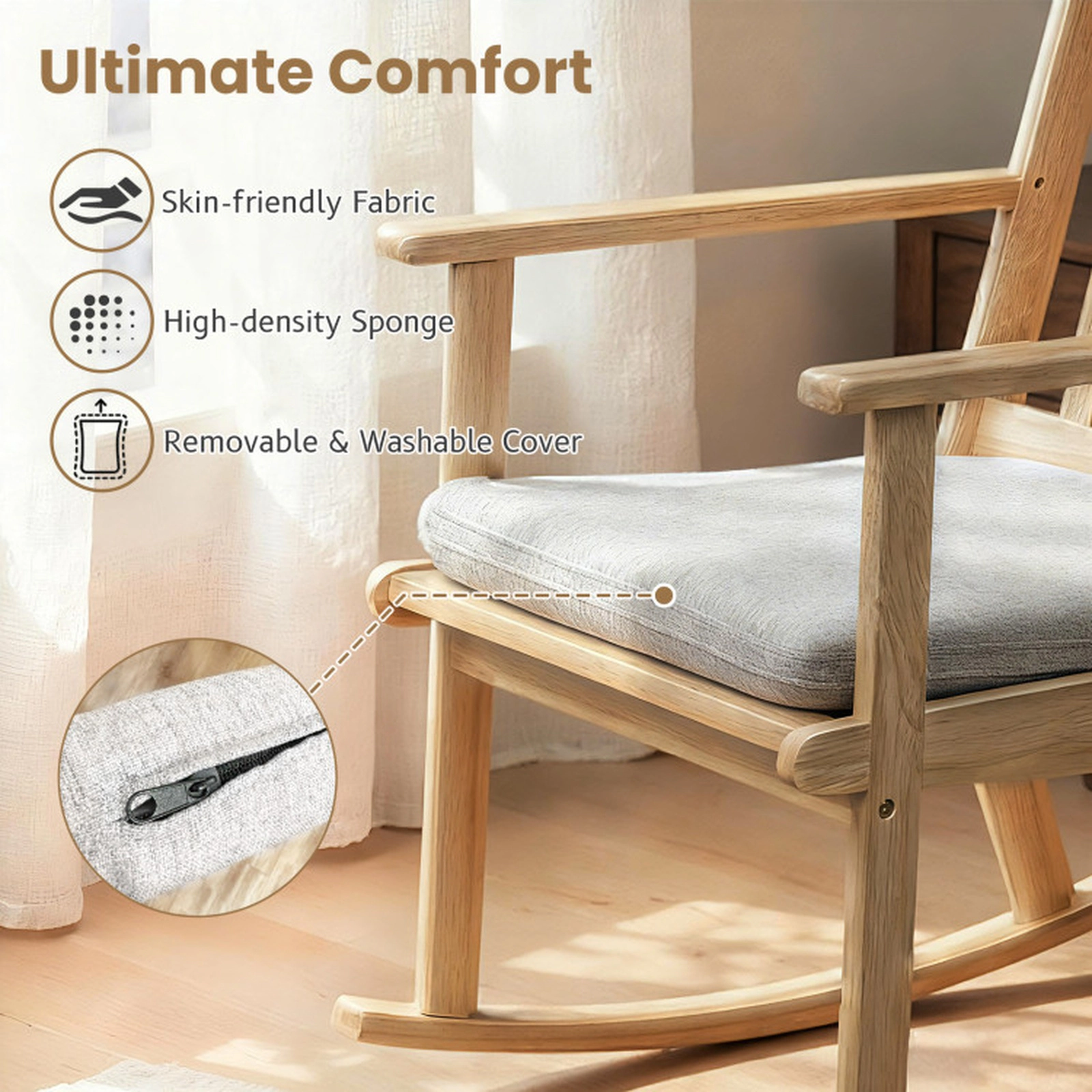 SUGIFT Solid Rubber Wood Rocking Chair with Padded Cushion 352-lb Capacity 33.5-in Frame Natural + Gray