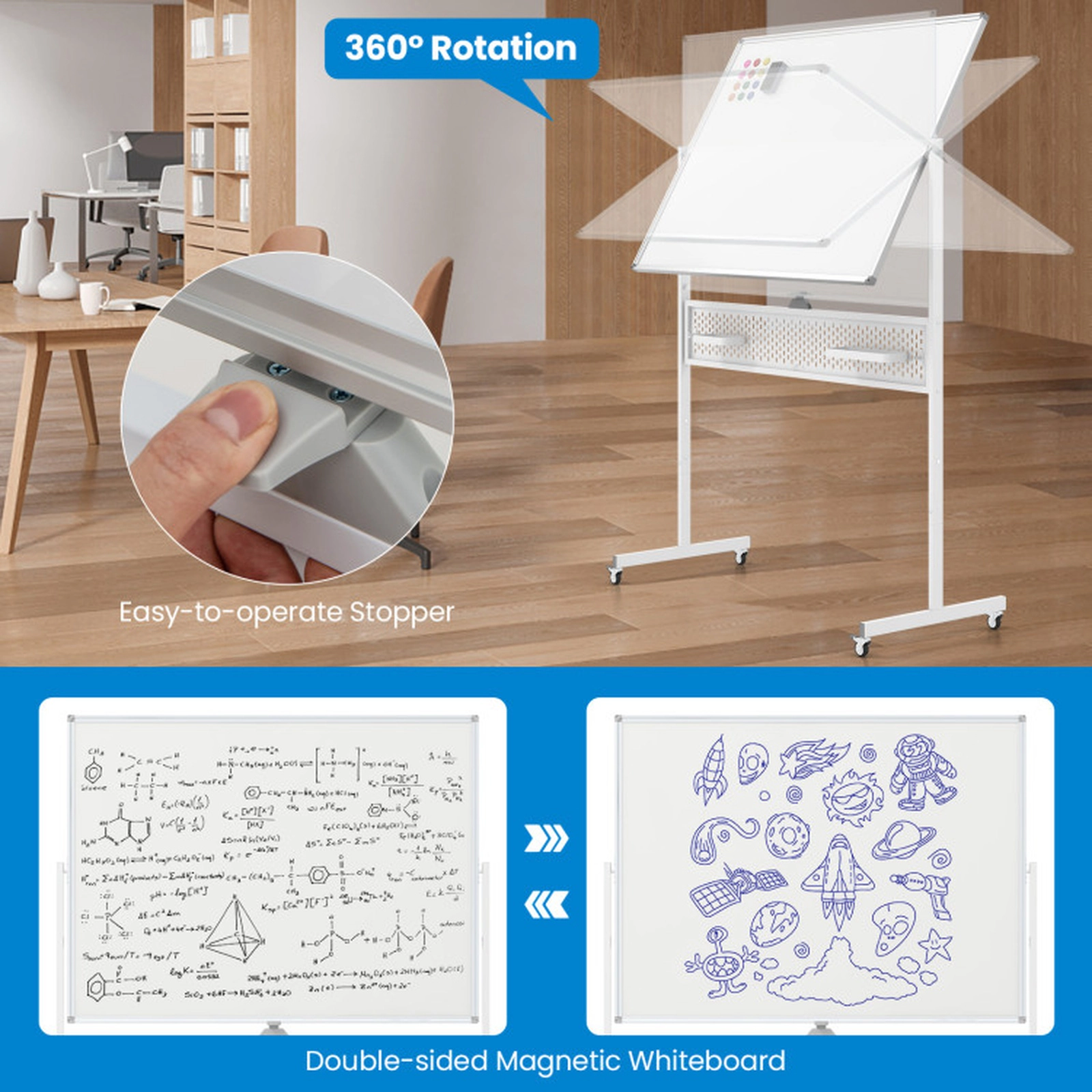 SUGIFT 48-in x 36-in Double-Sided Mobile Magnetic Whiteboard with Pegboard and Adjustable Height